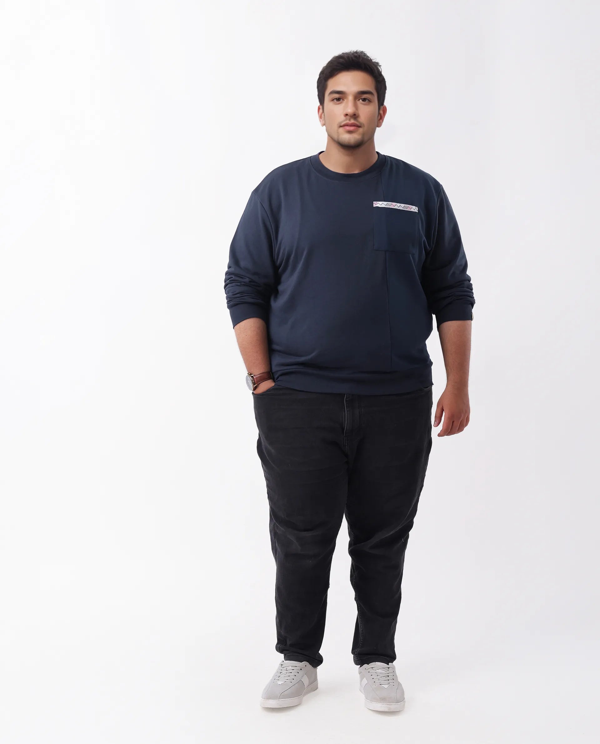 Rare Rabbit Men's Otese-L Navy Cotton Blend Cut And Sew Plus Size Full Sleeve Crew Neck Sweatshirt