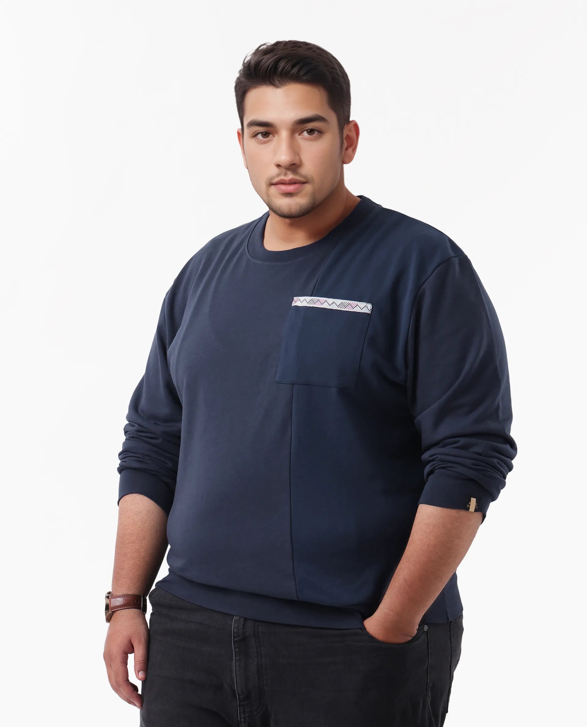 Rare Rabbit Men's Otese-L Navy Cotton Blend Cut And Sew Plus Size Full Sleeve Crew Neck Sweatshirt