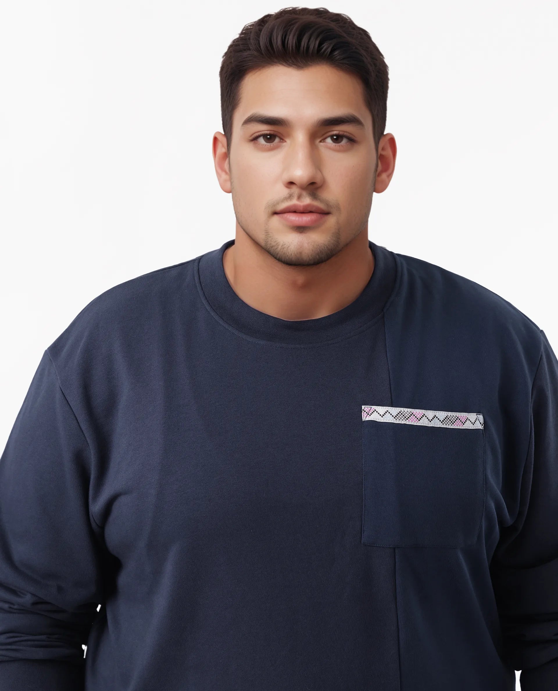 Rare Rabbit Men's Otese-L Navy Cotton Blend Cut And Sew Plus Size Full Sleeve Crew Neck Sweatshirt