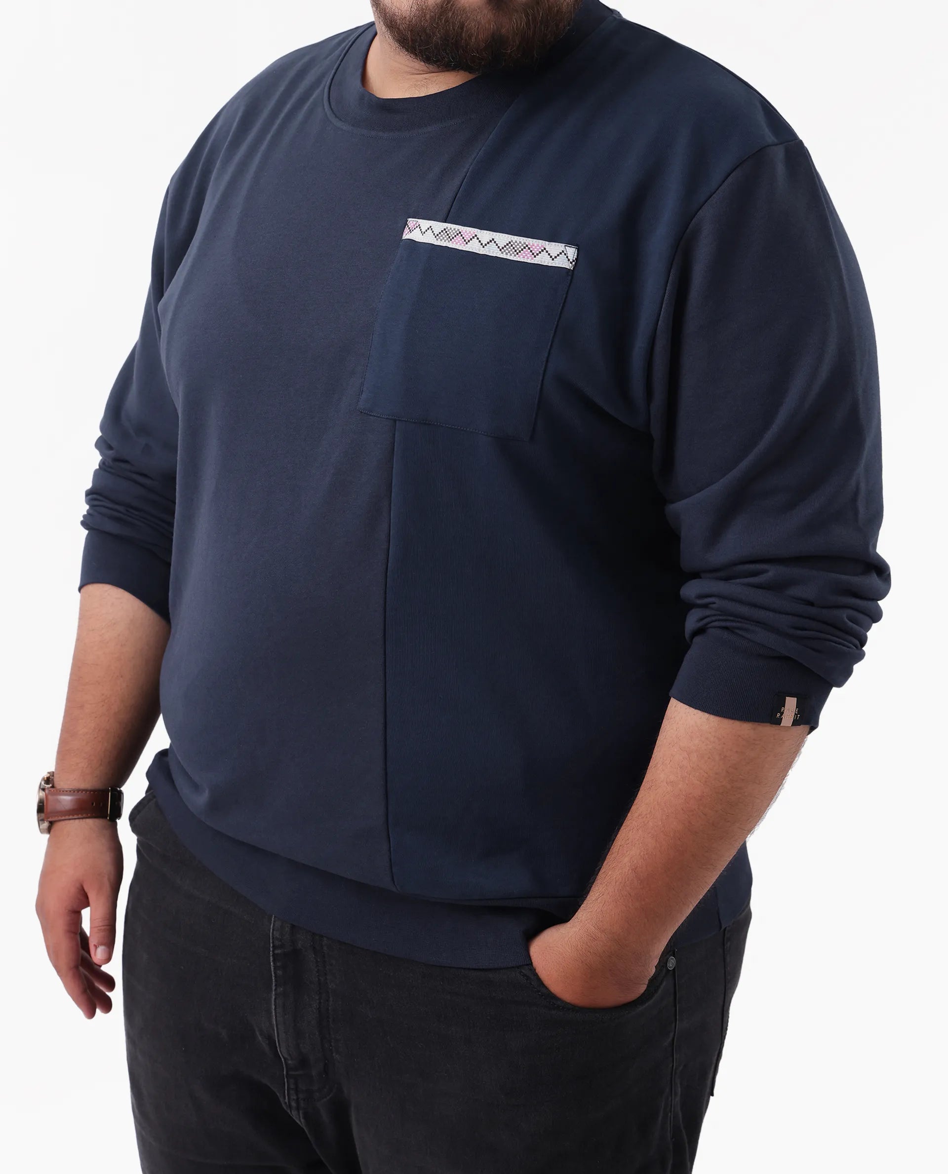 Rare Rabbit Men's Otese-L Navy Cotton Blend Cut And Sew Plus Size Full Sleeve Crew Neck Sweatshirt