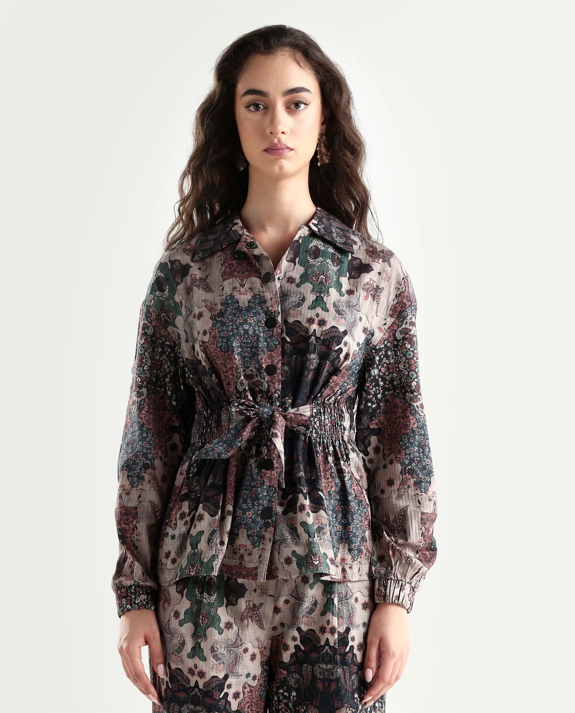 Rareism Women's Rotika Dark Multi Cotton Blend Spread Collar Abstract Print Regular Fit Jacket