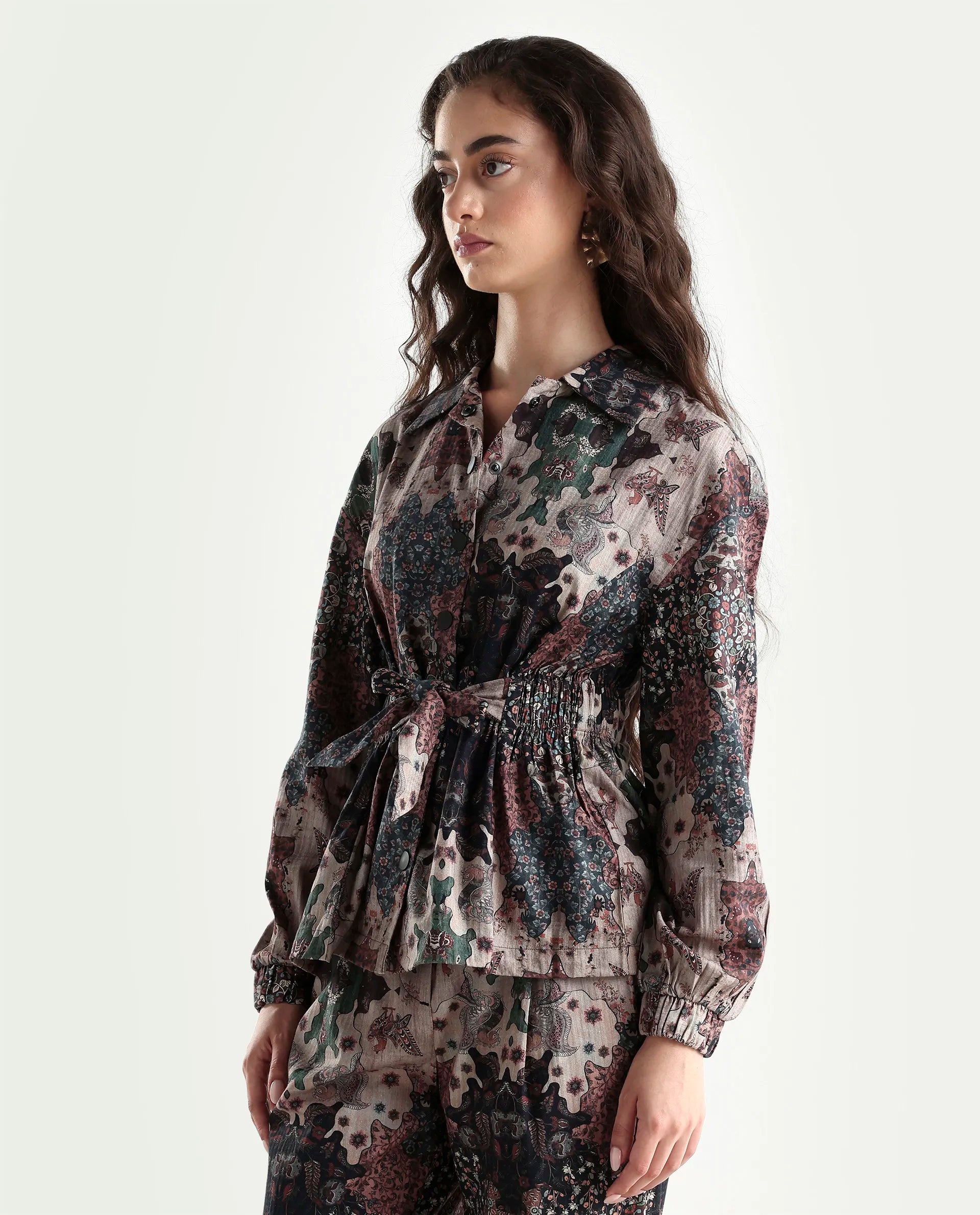 Rareism Women's Rotika Dark Multi Cotton Blend Spread Collar Abstract Print Regular Fit Jacket