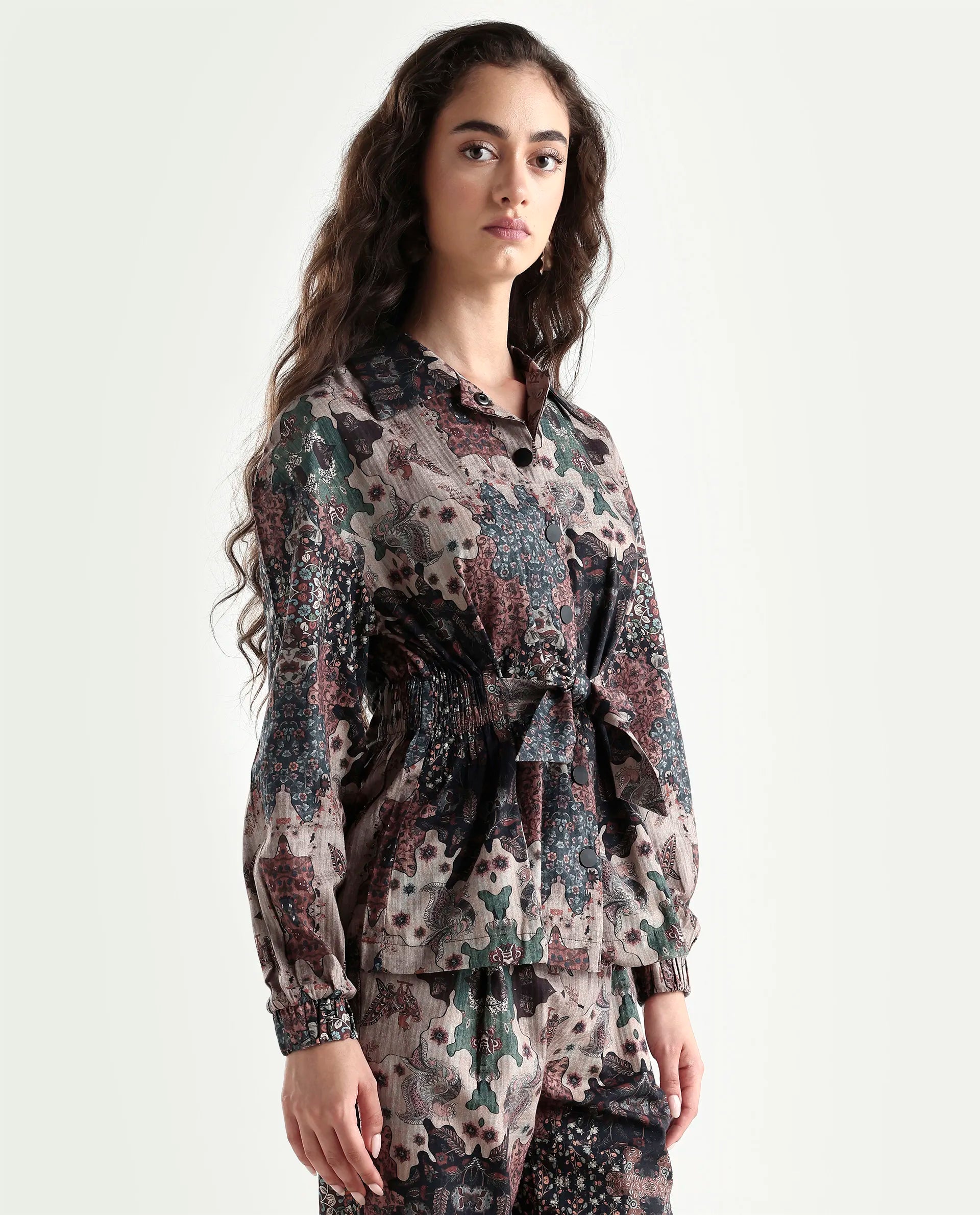 Rareism Women's Rotika Dark Multi Cotton Blend Spread Collar Abstract Print Regular Fit Jacket