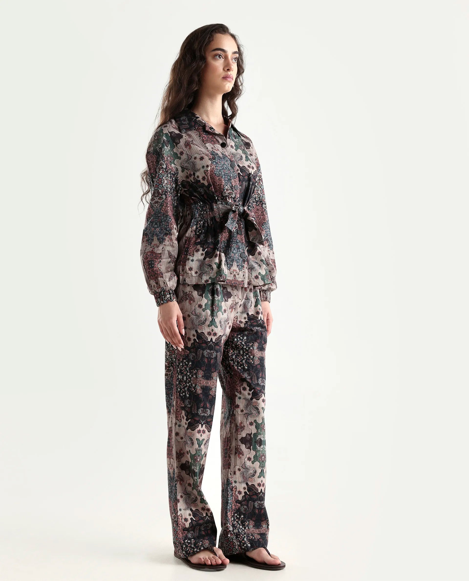 Rareism Women's Rotika B Dark Multi Cotton Blend Abstract Print Ankle Length Straight Fit Trouser