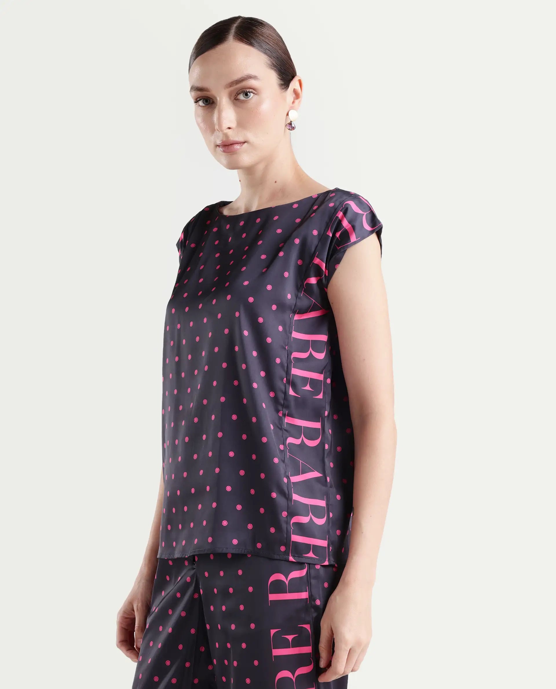 Rareism Women's Utkco Dark Grey Polyester Boat Neck Polka Print Extended Sleeves Regular Fit Top
