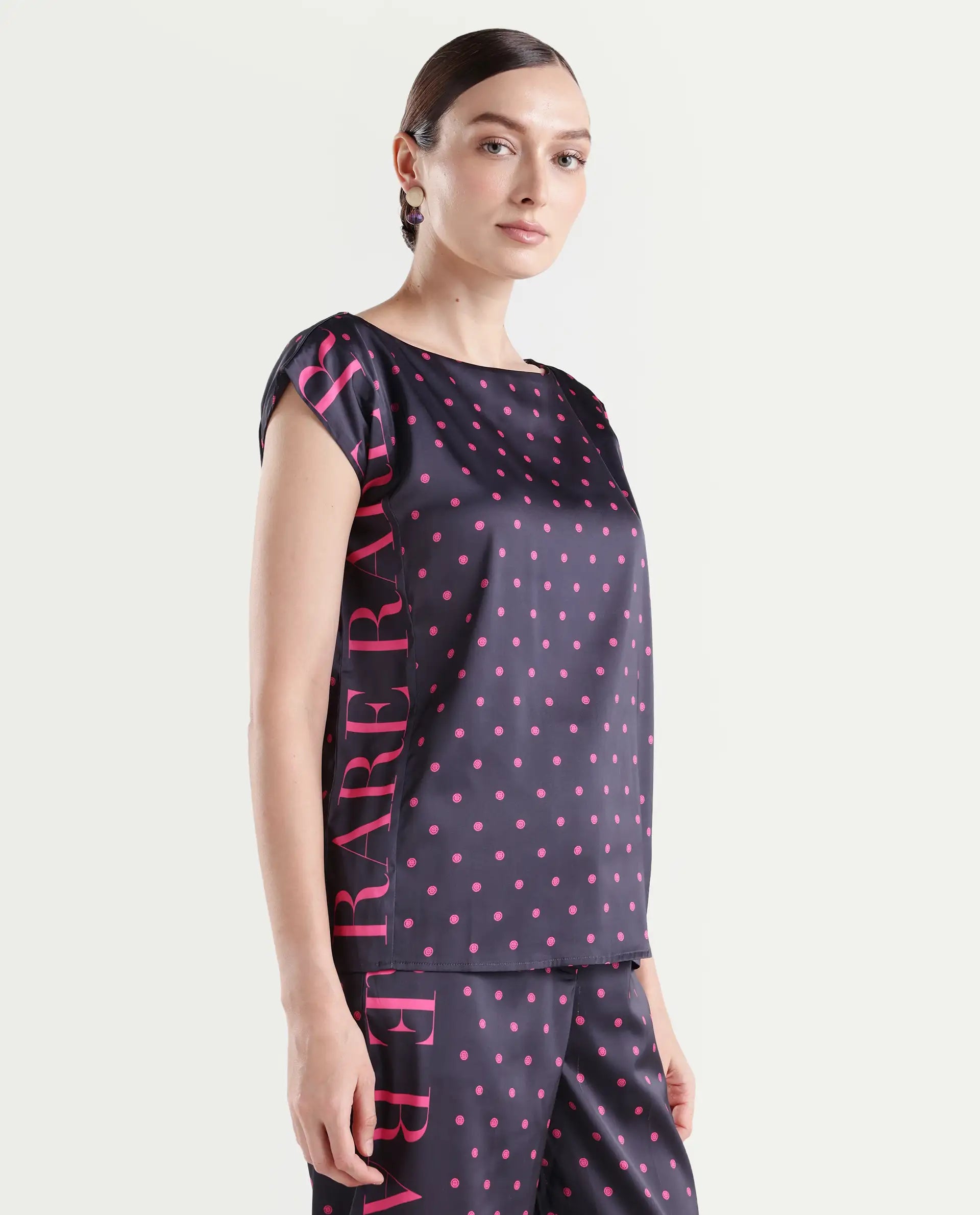Rareism Women's Utkco Dark Grey Polyester Boat Neck Polka Print Extended Sleeves Regular Fit Top