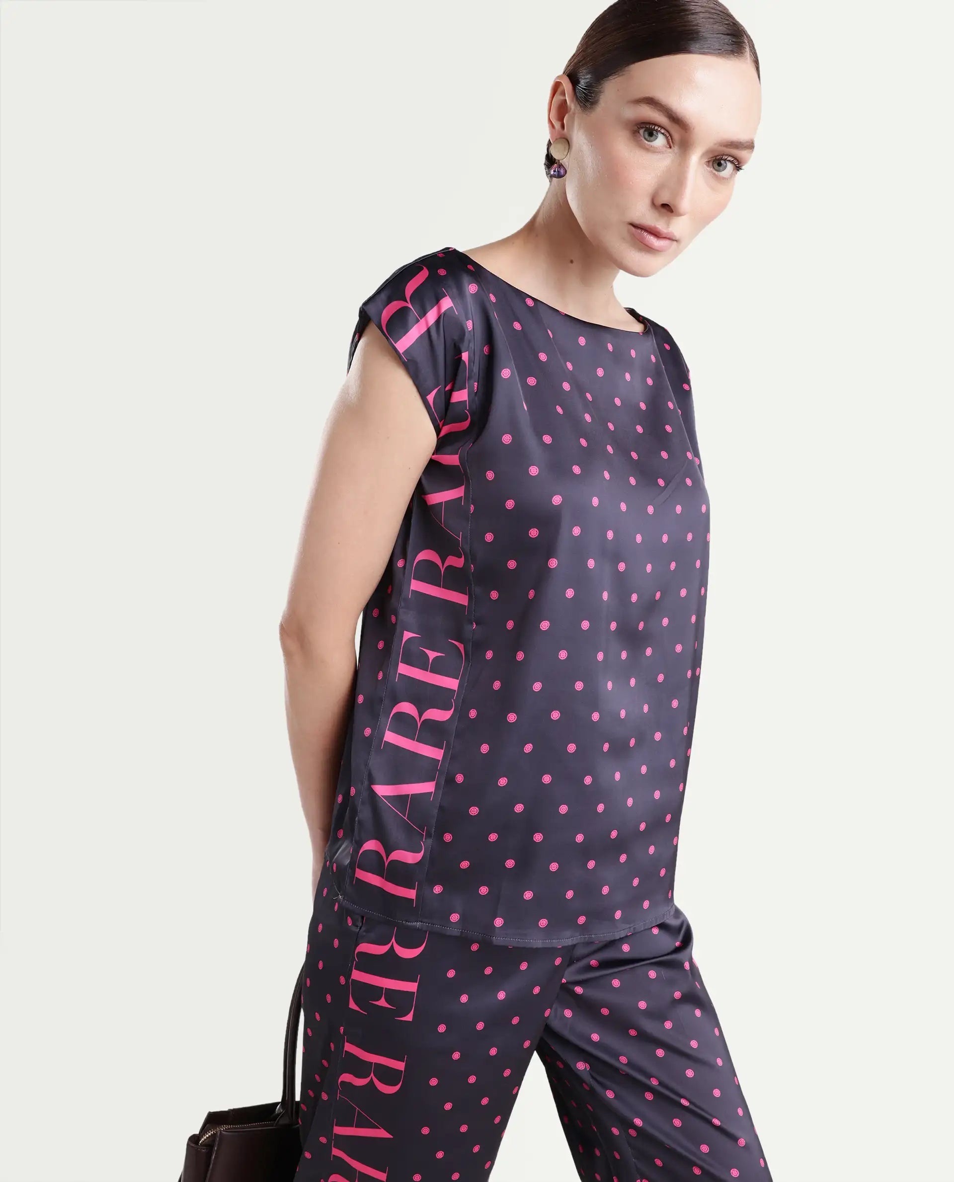 Rareism Women's Utkco Dark Grey Polyester Boat Neck Polka Print Extended Sleeves Regular Fit Top