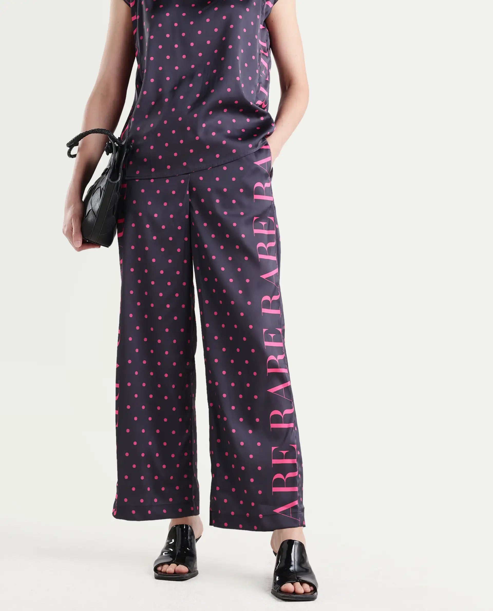 Rareism Women's Utkco B Dark Grey Polyester Polka Print Ankle Length Straight Fit Trouser
