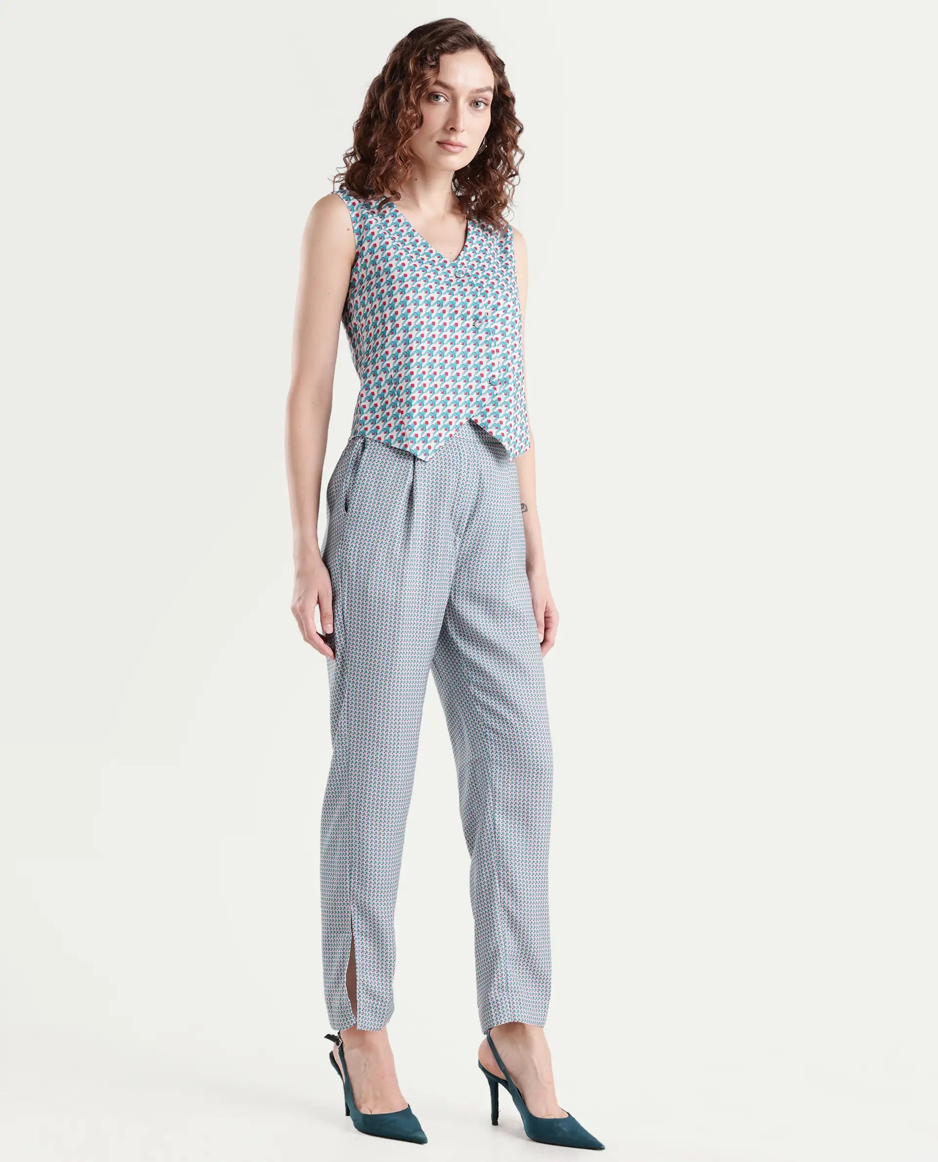 Rareism Women's Utkil B Multi Polyester Houndstooth Print Ankle Length Straight Fit Trouser
