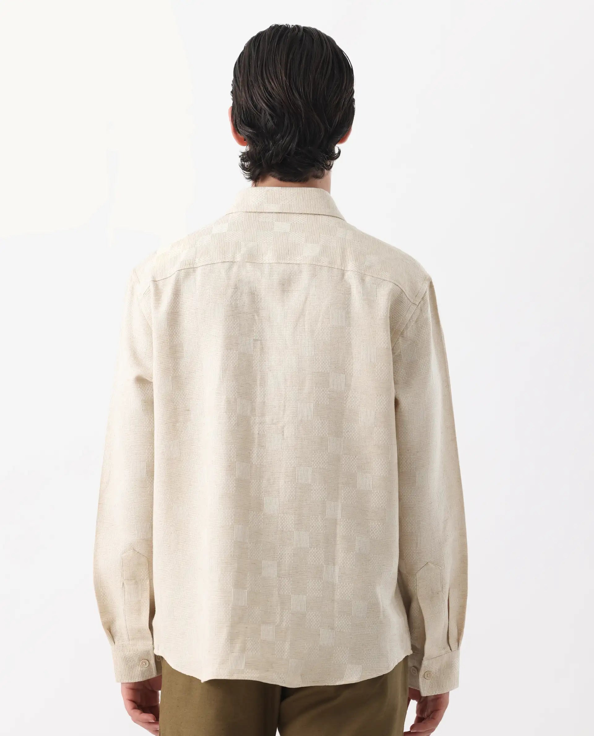 Rare Rabbit Men's Dob Beige Linen Blend Checked Print Regular Fit Full Sleeve Collared Shirt