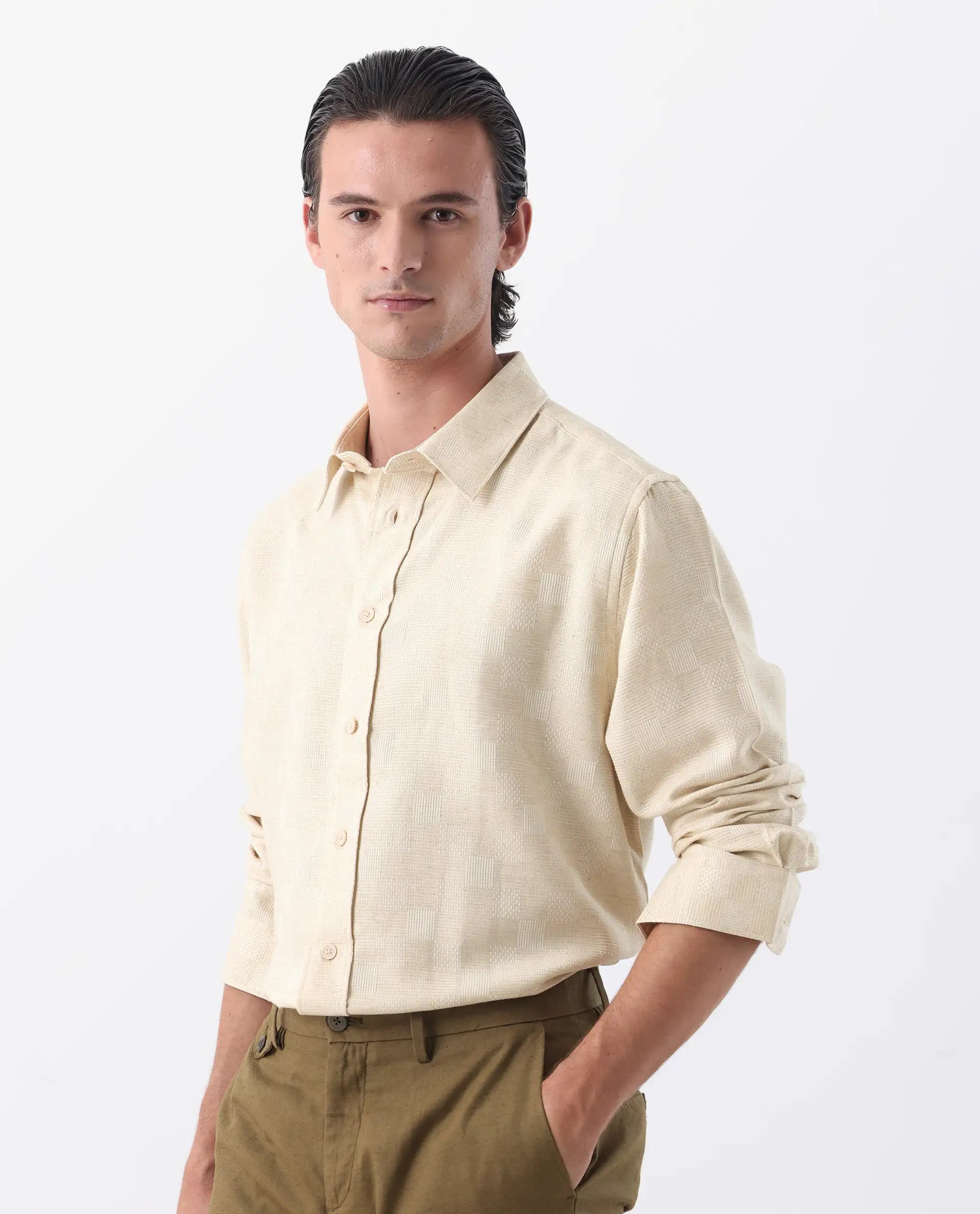 Rare Rabbit Men's Dob Beige Linen Blend Checked Print Regular Fit Full Sleeve Collared Shirt