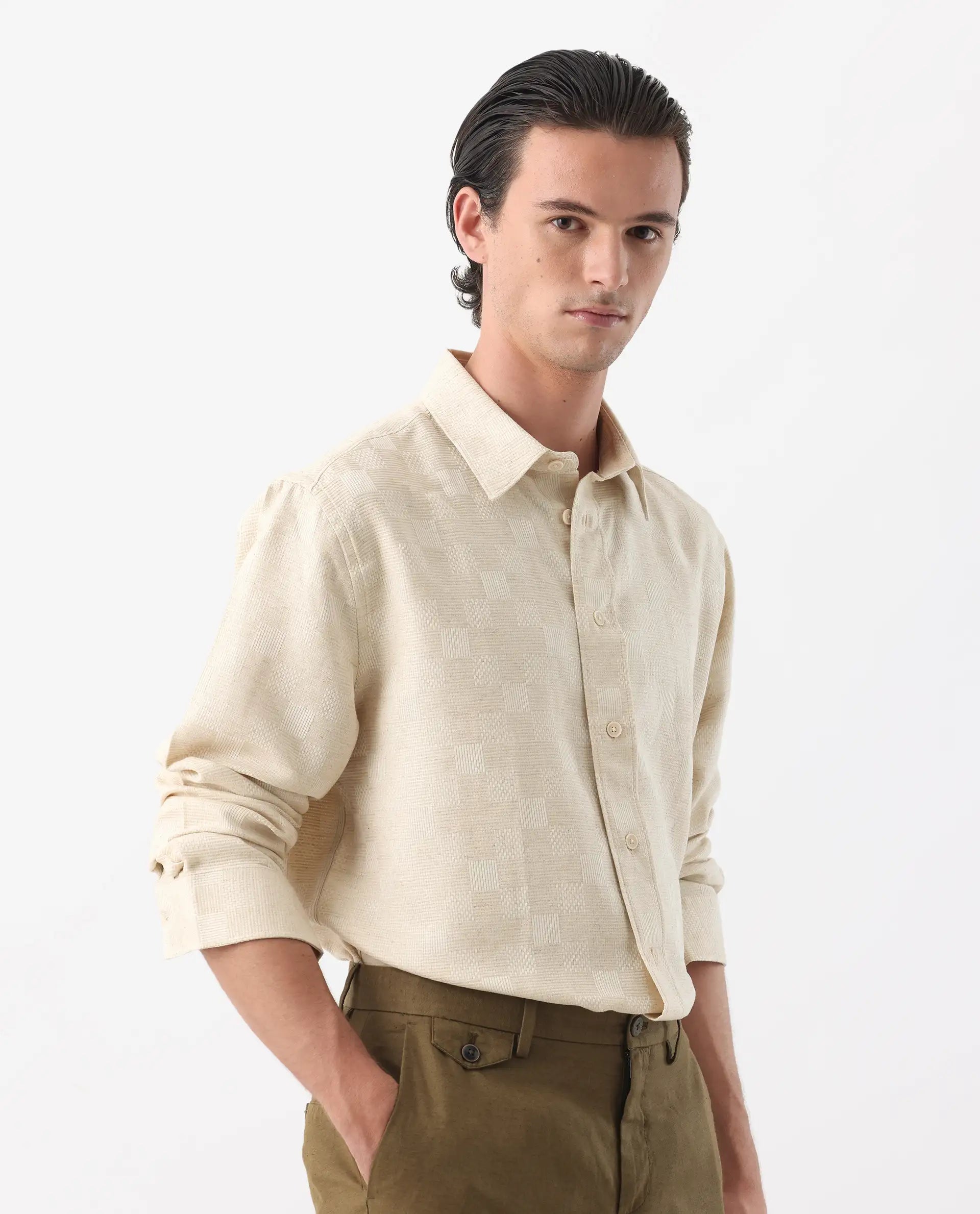 Rare Rabbit Men's Dob Beige Linen Blend Checked Print Regular Fit Full Sleeve Collared Shirt