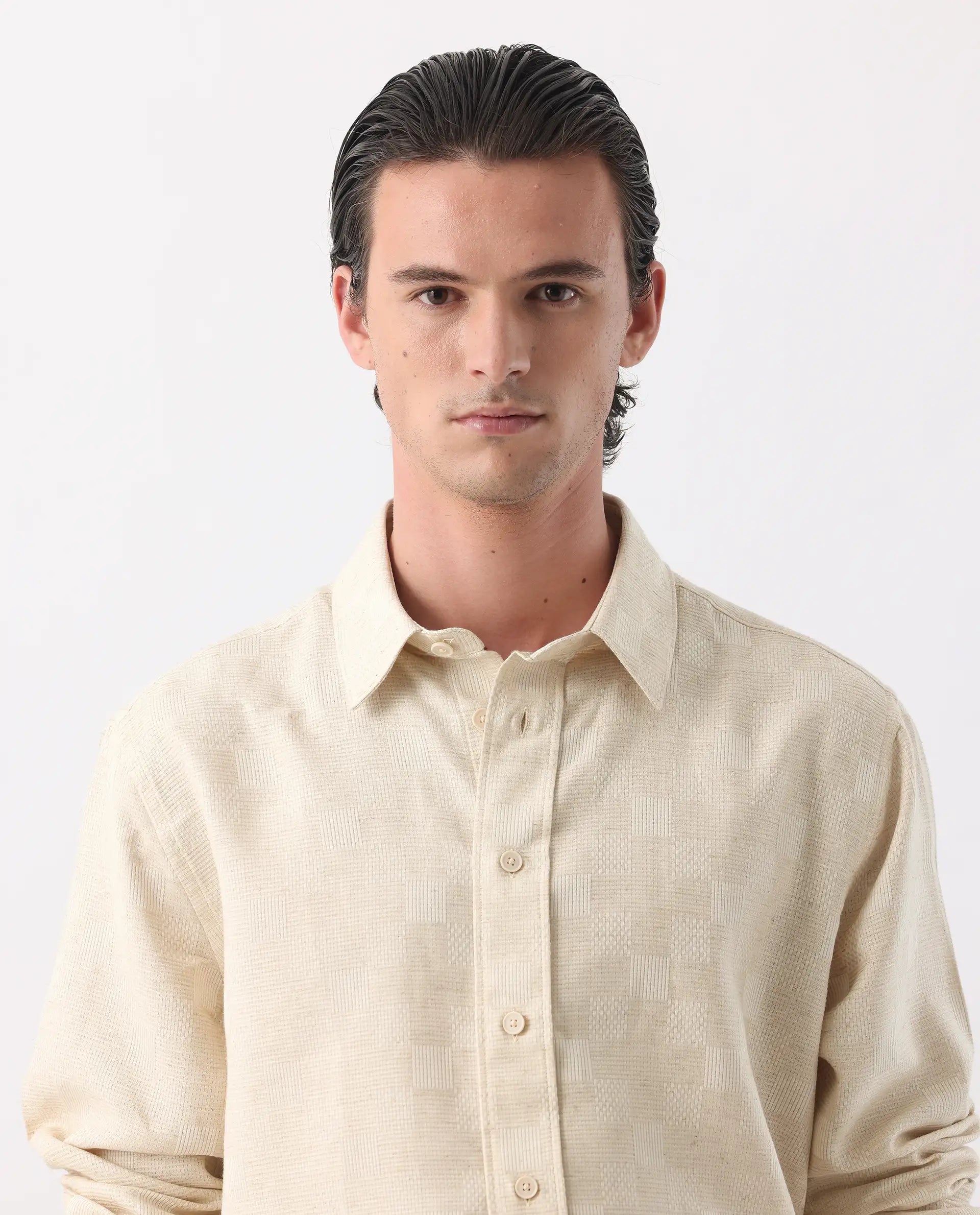 Rare Rabbit Men's Dob Beige Linen Blend Checked Print Regular Fit Full Sleeve Collared Shirt