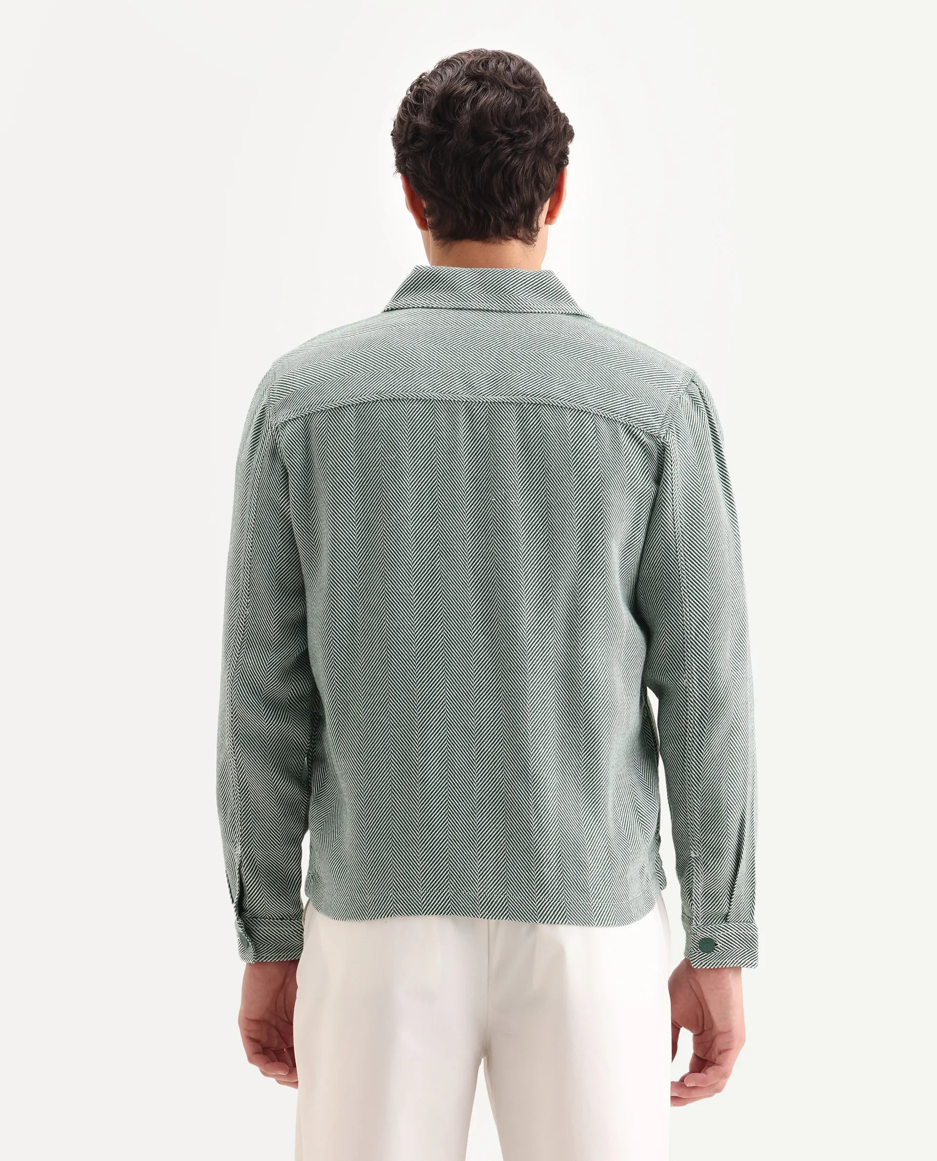 Rare Rabbit Men's Luha Green Polyester Blend Striped Print Regular Fit Full Sleeve Collared Shacket