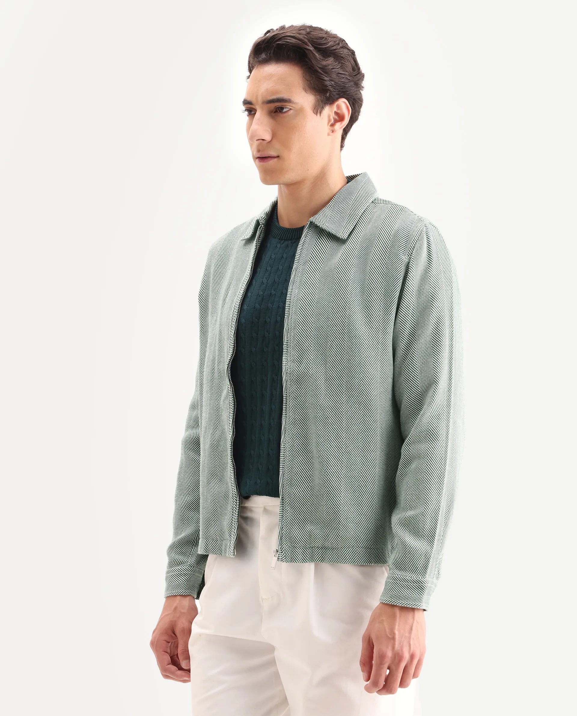 Rare Rabbit Men's Luha Green Polyester Blend Striped Print Regular Fit Full Sleeve Collared Shacket