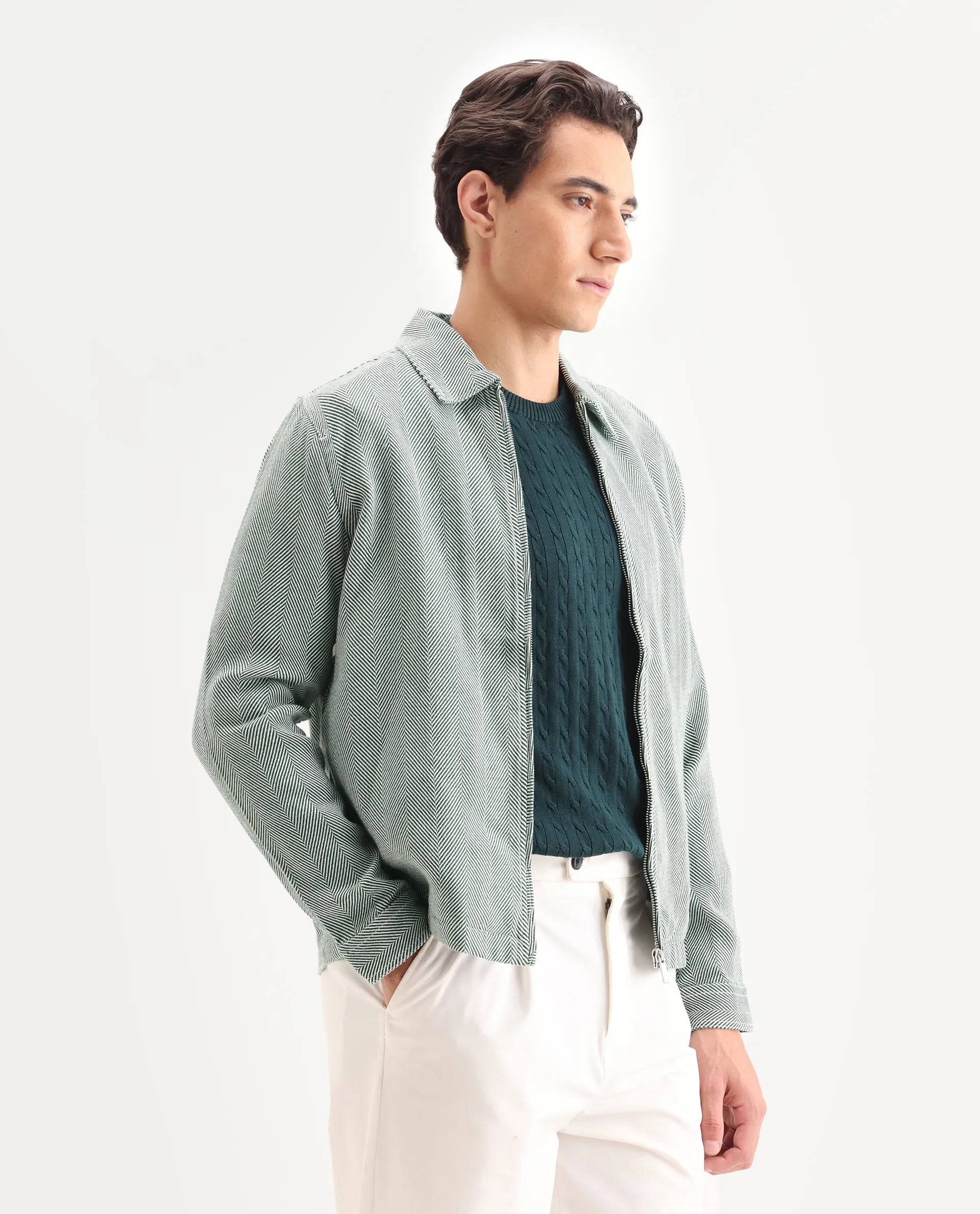 Rare Rabbit Men's Luha Green Polyester Blend Striped Print Regular Fit Full Sleeve Collared Shacket