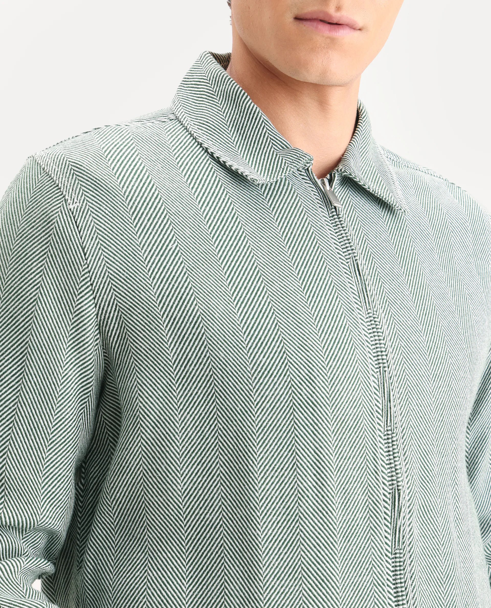 Rare Rabbit Men's Luha Green Polyester Blend Striped Print Regular Fit Full Sleeve Collared Shacket