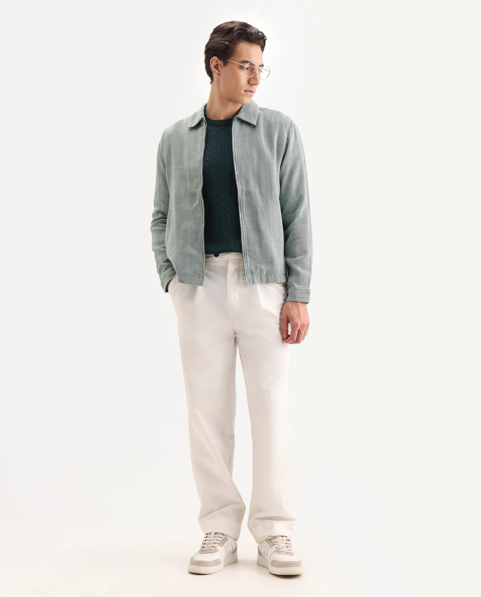 Rare Rabbit Men's Luha Green Polyester Blend Striped Print Regular Fit Full Sleeve Collared Shacket