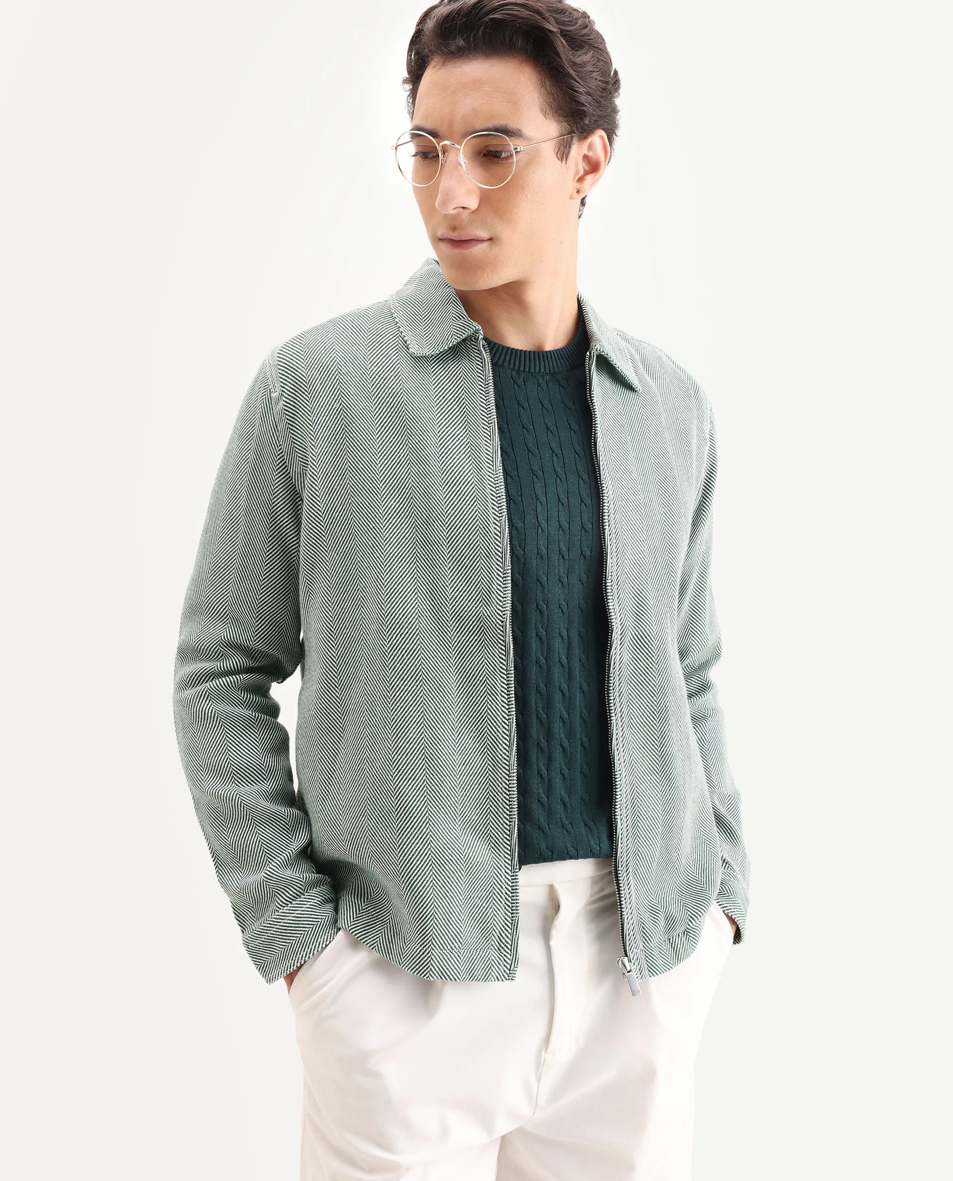 Rare Rabbit Men's Luha Green Polyester Blend Striped Print Regular Fit Full Sleeve Collared Shacket