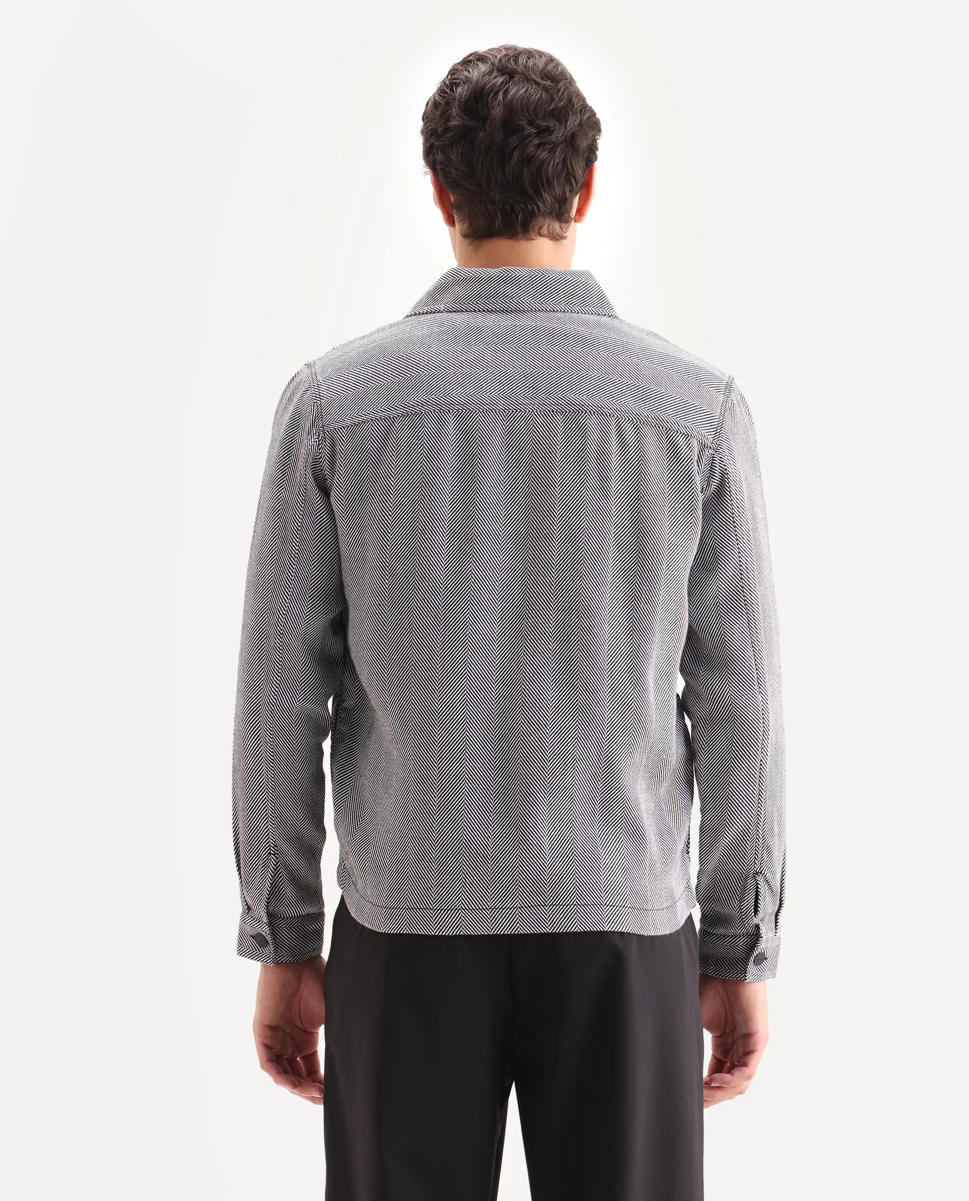 Rare Rabbit Men's Luha Black Polyester Blend Striped Print Regular Fit Full Sleeve Collared Shacket