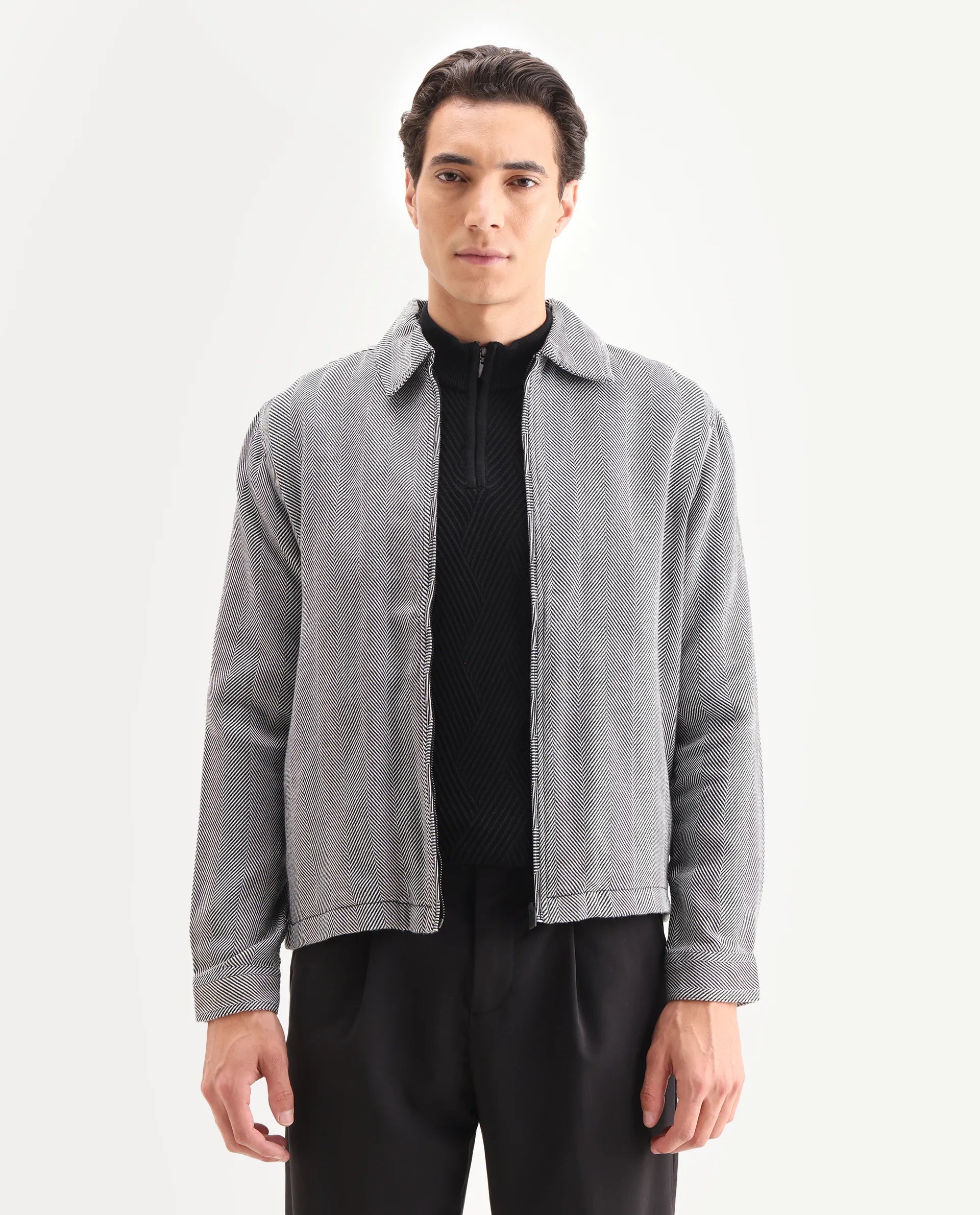 Rare Rabbit Men's Luha Black Polyester Blend Striped Print Regular Fit Full Sleeve Collared Shacket