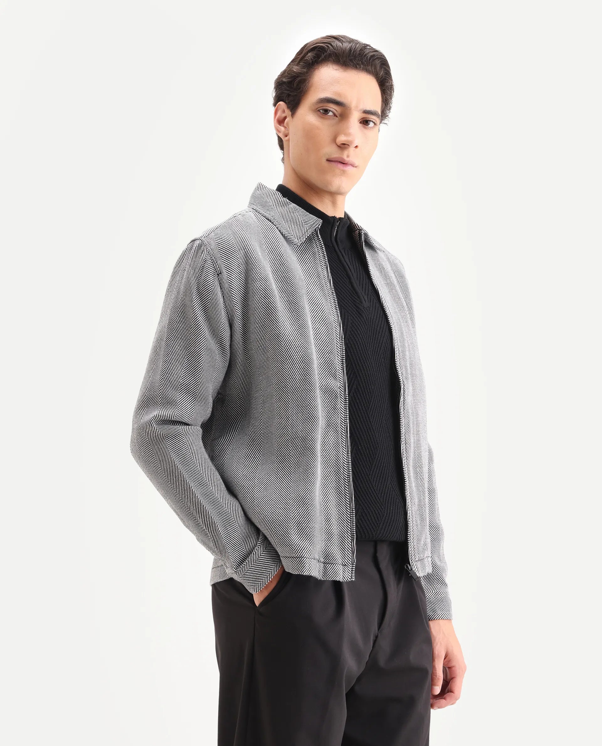 Rare Rabbit Men's Luha Black Polyester Blend Striped Print Regular Fit Full Sleeve Collared Shacket