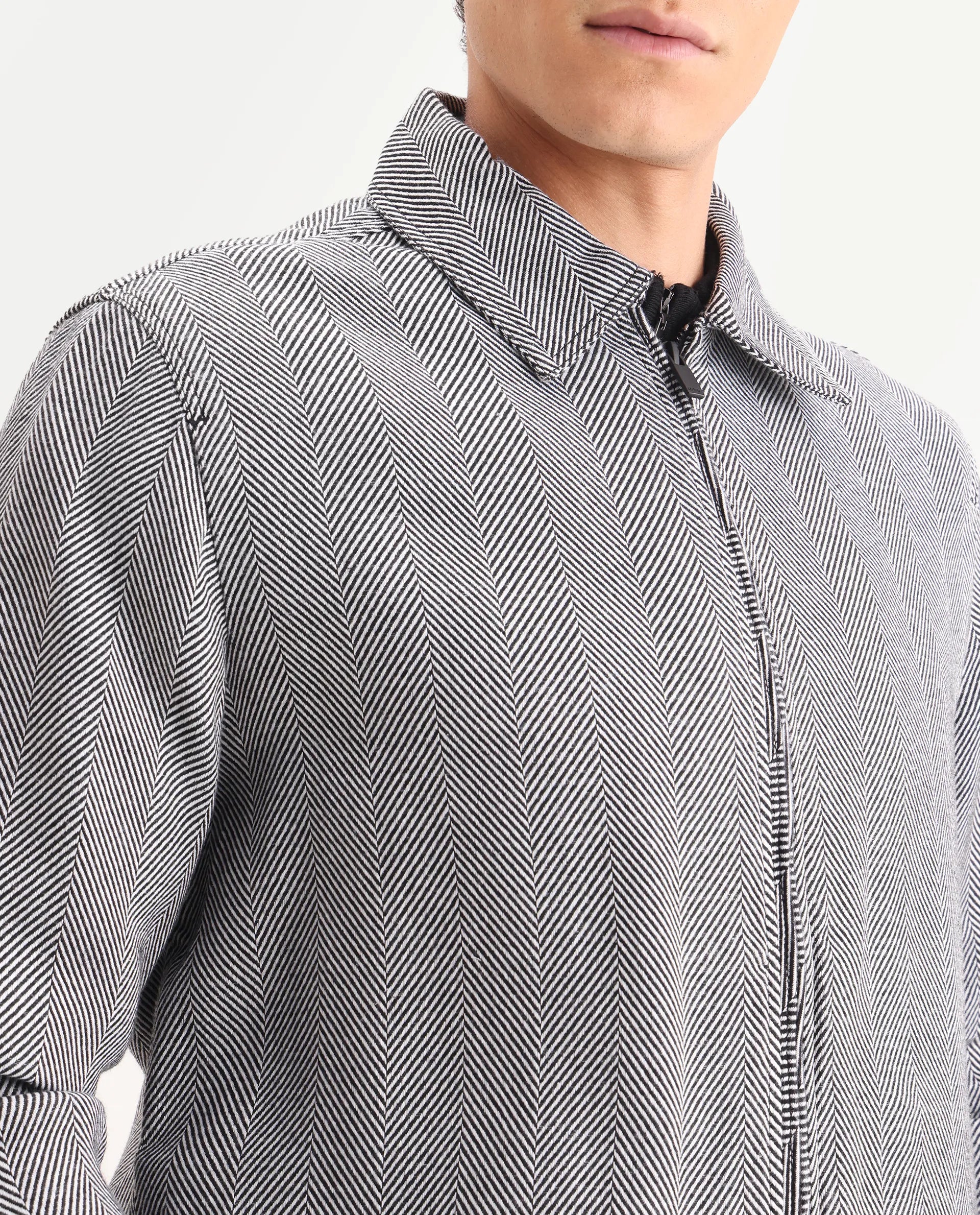 Rare Rabbit Men's Luha Black Polyester Blend Striped Print Regular Fit Full Sleeve Collared Shacket