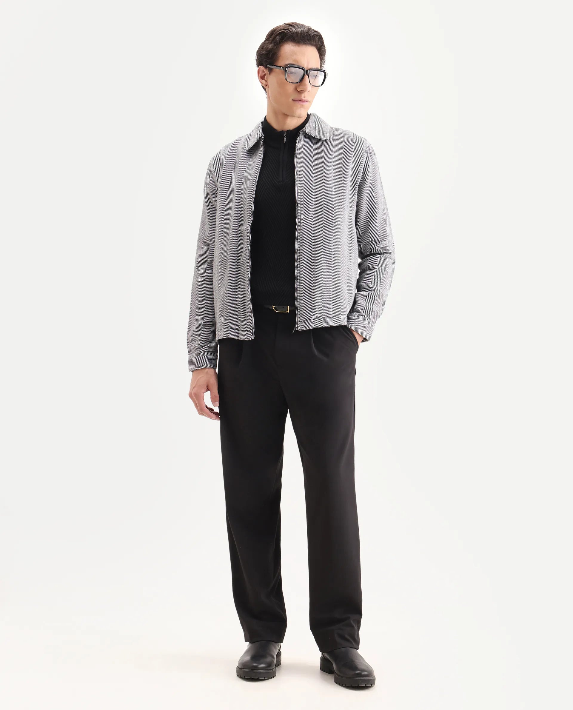 Rare Rabbit Men's Luha Black Polyester Blend Striped Print Regular Fit Full Sleeve Collared Shacket