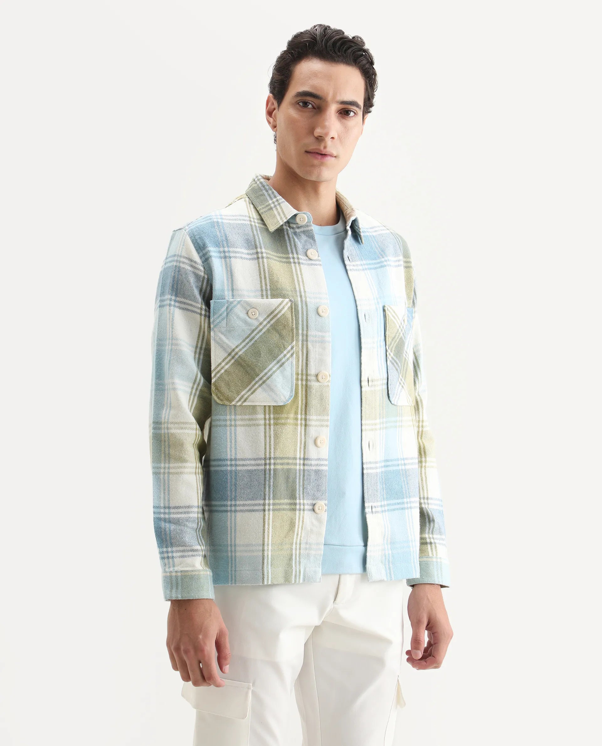 Rare Rabbit Men's Cotton Checked Print Regular Fit Full Sleeve Collared Shacket