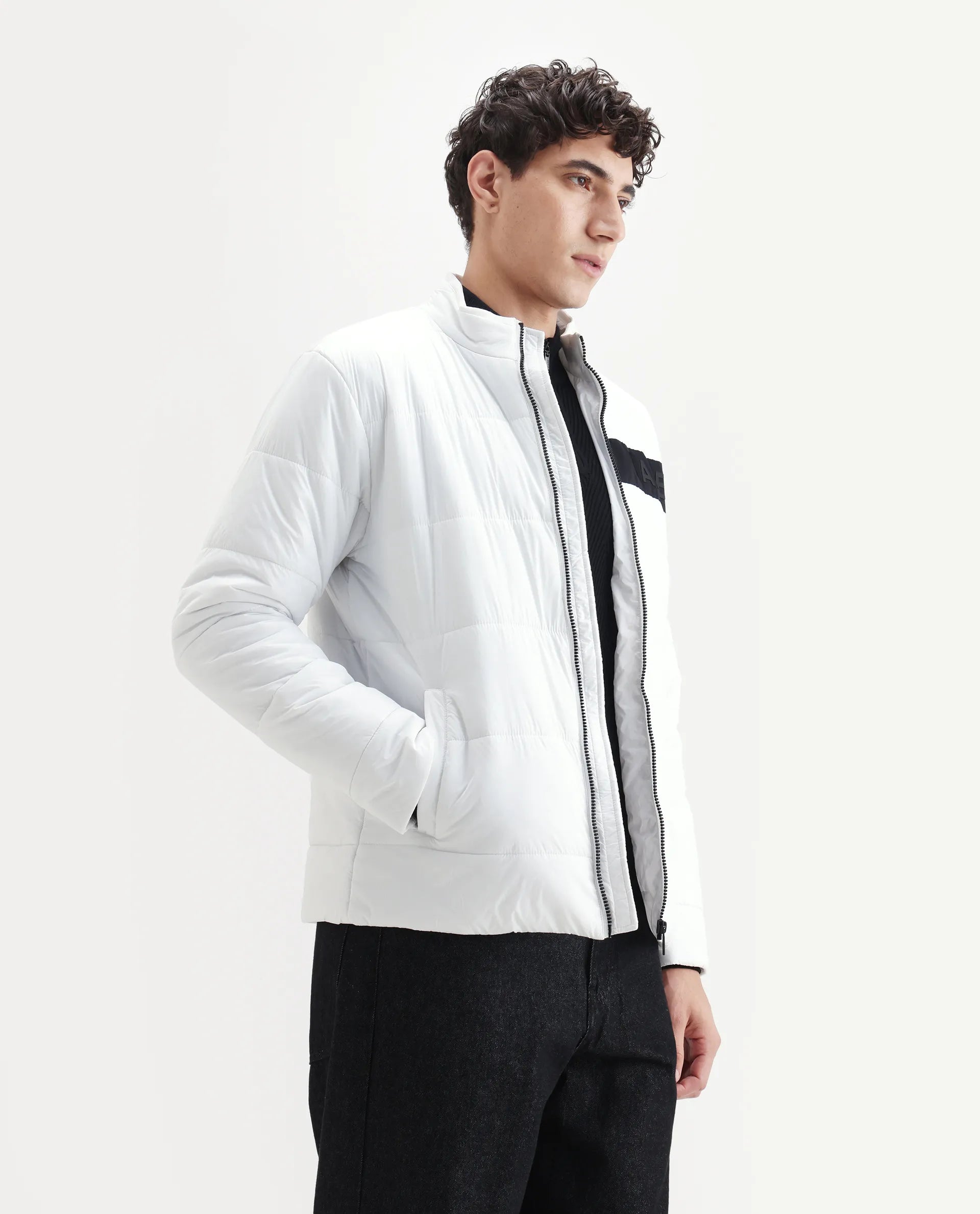 Rare Rabbit Men's Bront White Nylon Hd Print Regular Fit Full Sleeve High Neck Jacket