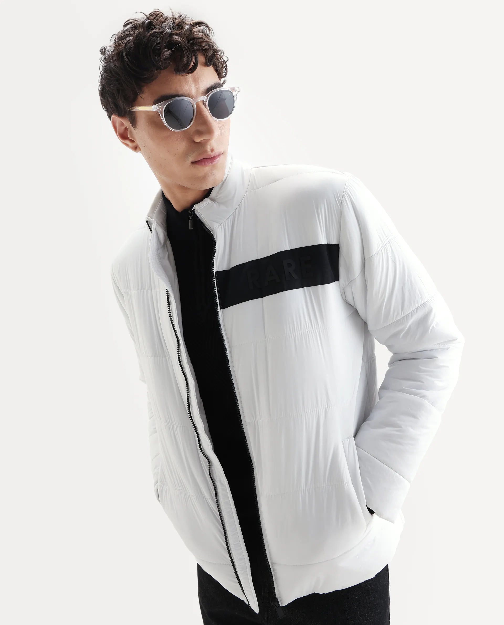 Rare Rabbit Men's Bront White Nylon Hd Print Regular Fit Full Sleeve High Neck Jacket