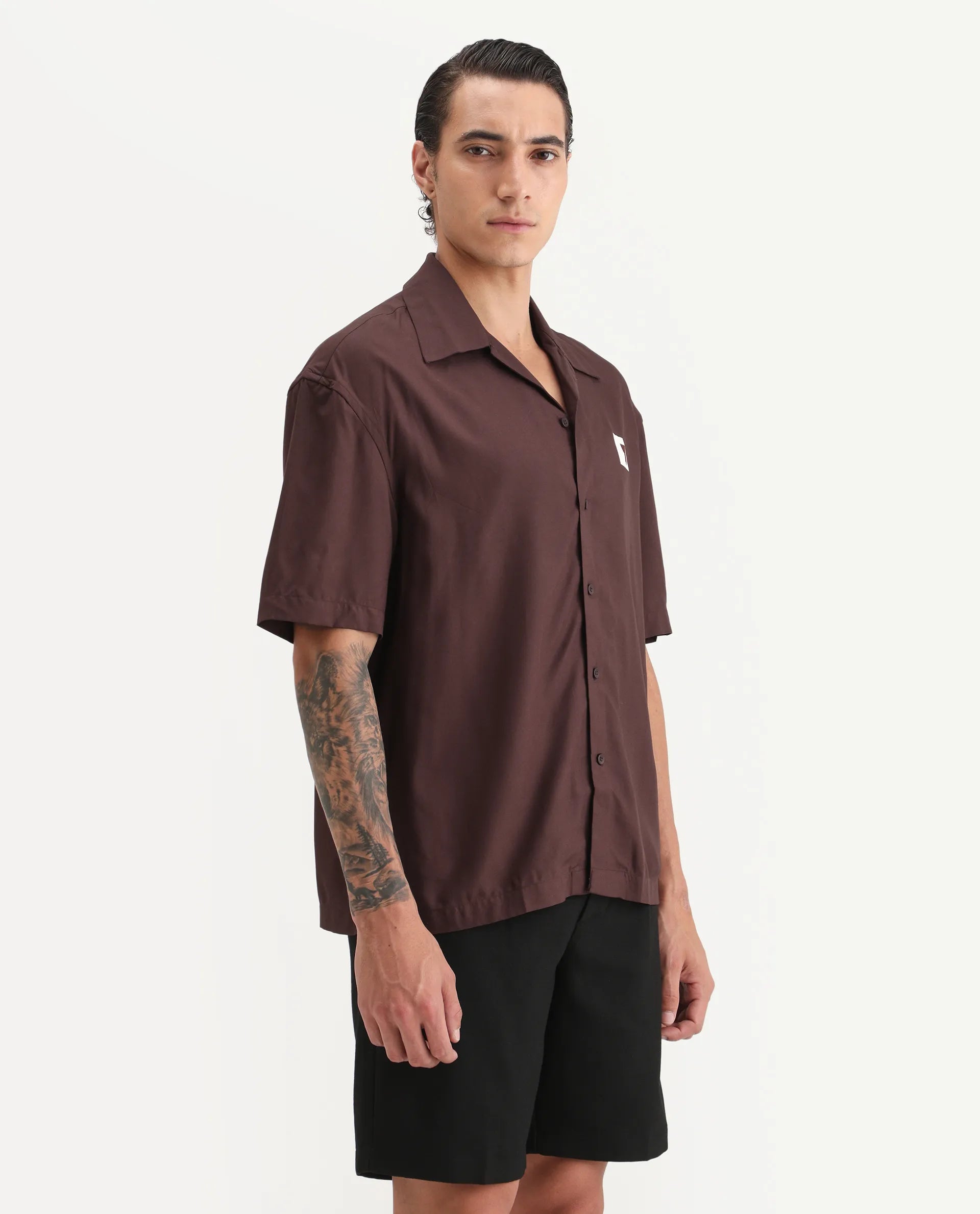 Rare Rabbit Men's Carn Ss Brown Cotton Graphic Print Oversized Fit Half Sleeve Collared Shirt