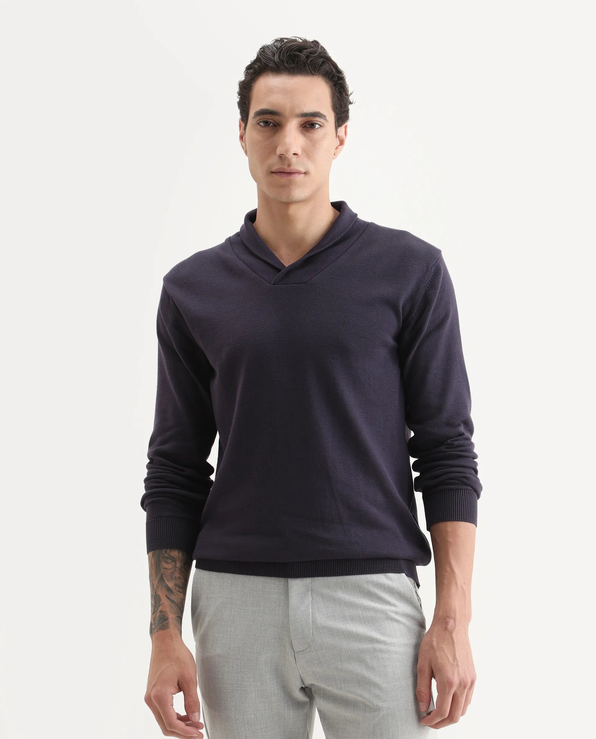 Rare Rabbit Men's Kenlay Dark Purple Cotton Blend Plain Regular Fit Full Sleeve High Neck Sweater