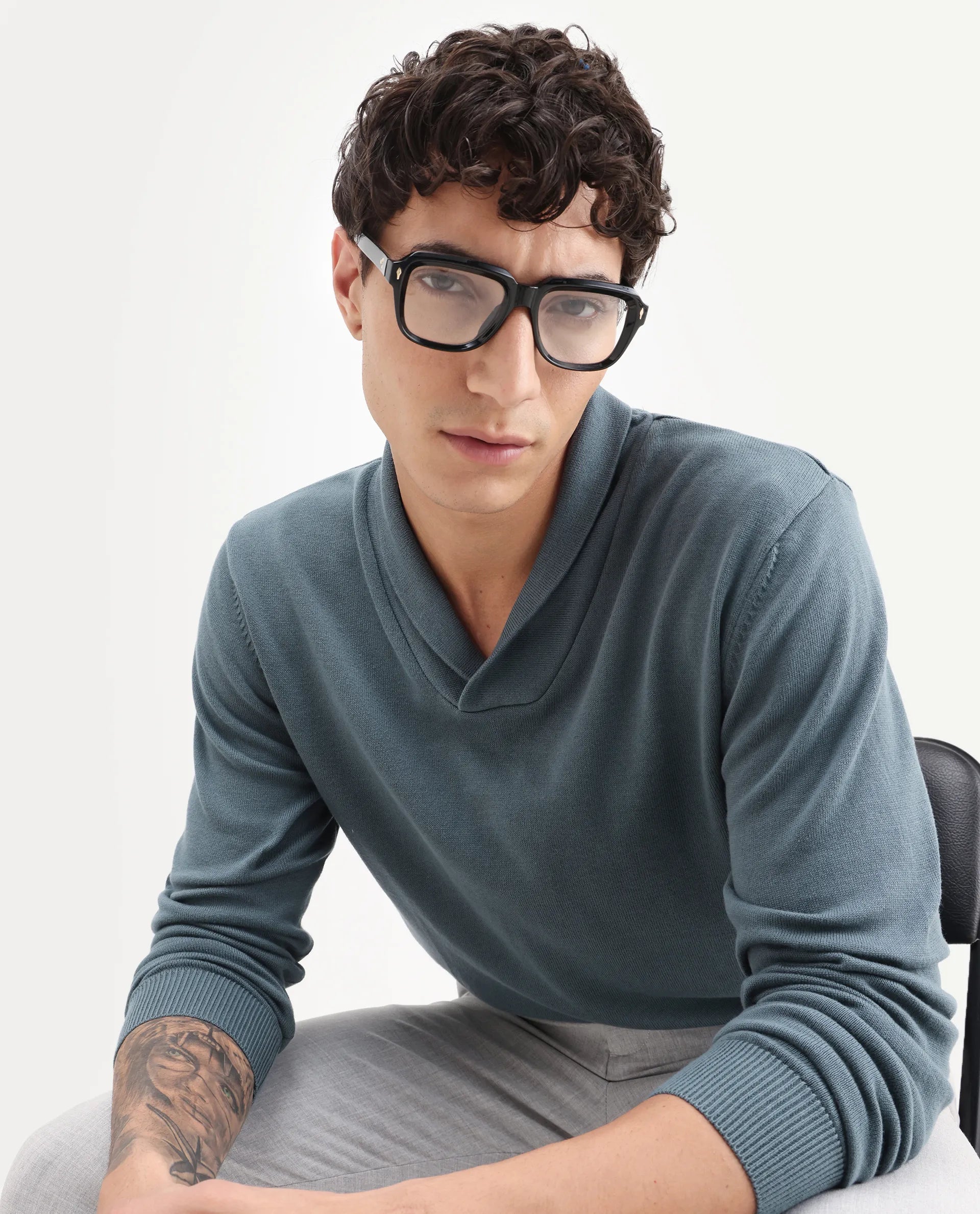 Rare Rabbit Men's Kenlay Dusky Turq Cotton Blend Plain Regular Fit Full Sleeve High Neck Sweater