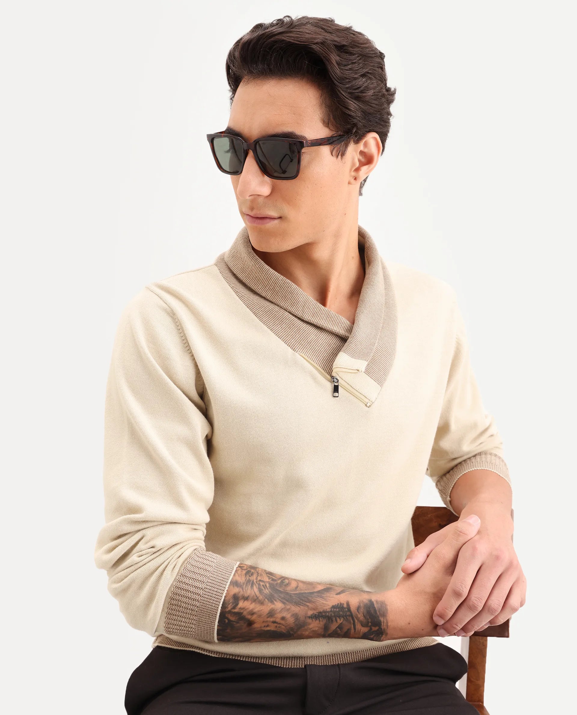 Rare Rabbit Men's Lyzo Beige Cotton Plain Regular Fit Full Sleeve Cowl Neck Sweater