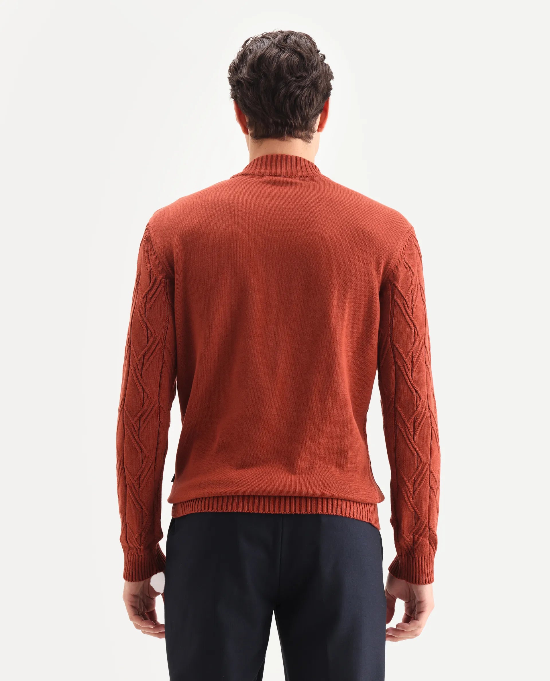 Rare Rabbit Men's Caloz Rust Cotton Textured Regular Fit Full Sleeve High Neck Sweater
