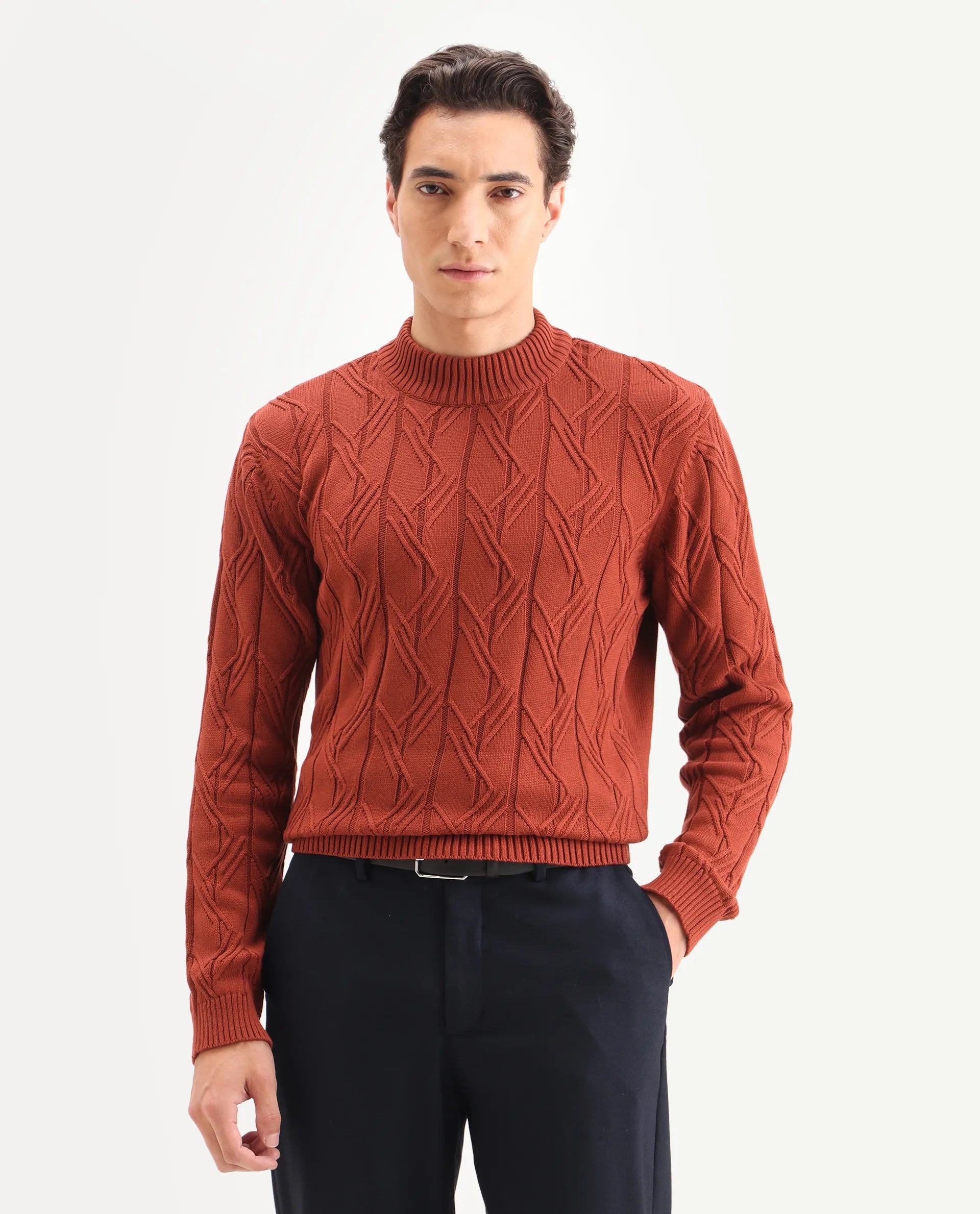Rare Rabbit Men's Caloz Rust Cotton Textured Regular Fit Full Sleeve High Neck Sweater
