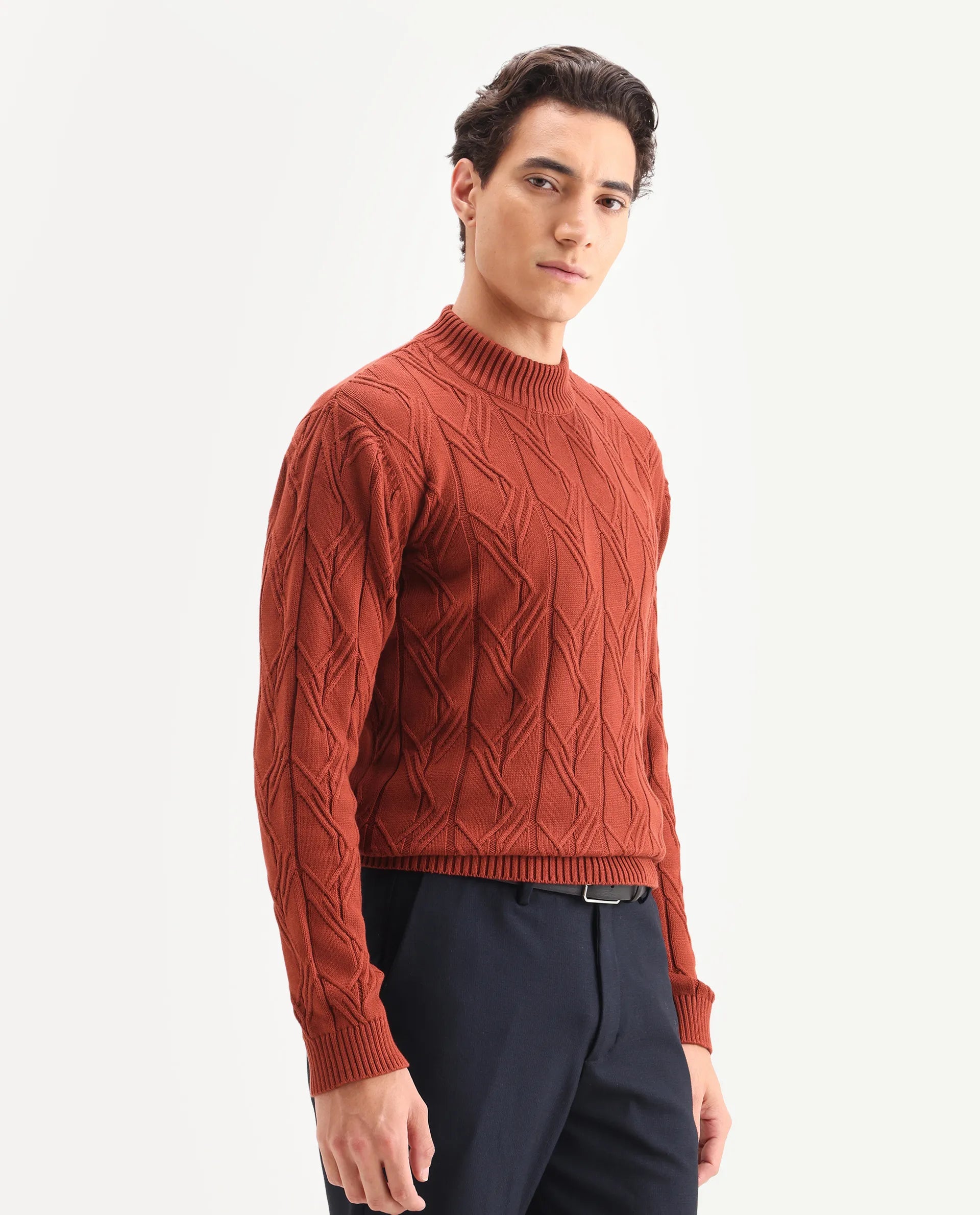 Rare Rabbit Men's Caloz Rust Cotton Textured Regular Fit Full Sleeve High Neck Sweater