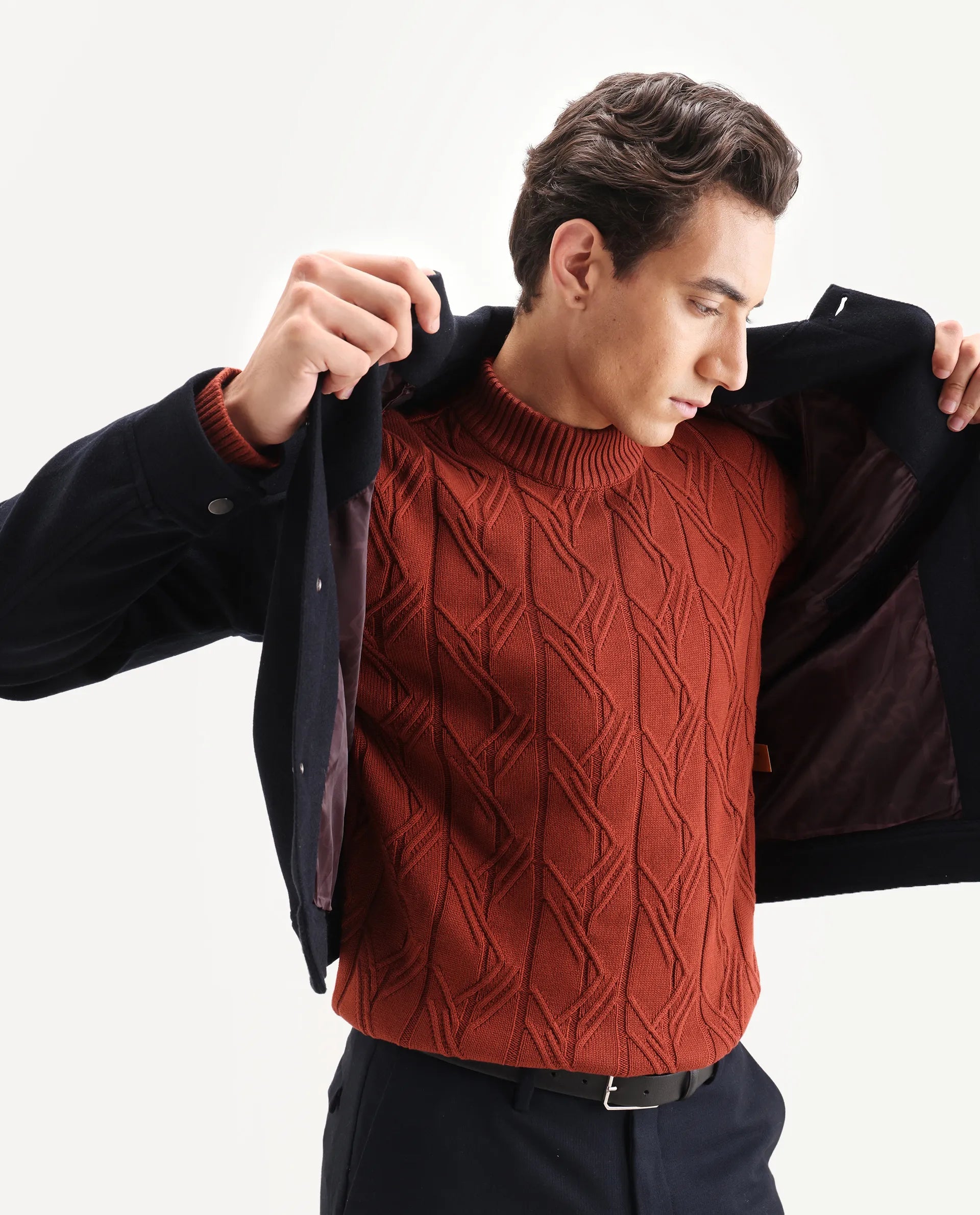 Rare Rabbit Men's Caloz Rust Cotton Textured Regular Fit Full Sleeve High Neck Sweater