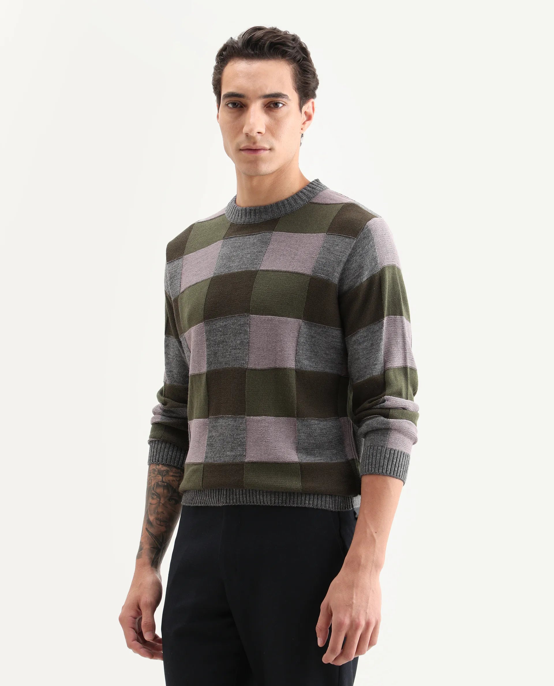 Rare Rabbit Men's Boaz Olive Acrylic Jacquard Regular Fit Full Sleeve Crew Neck Sweater