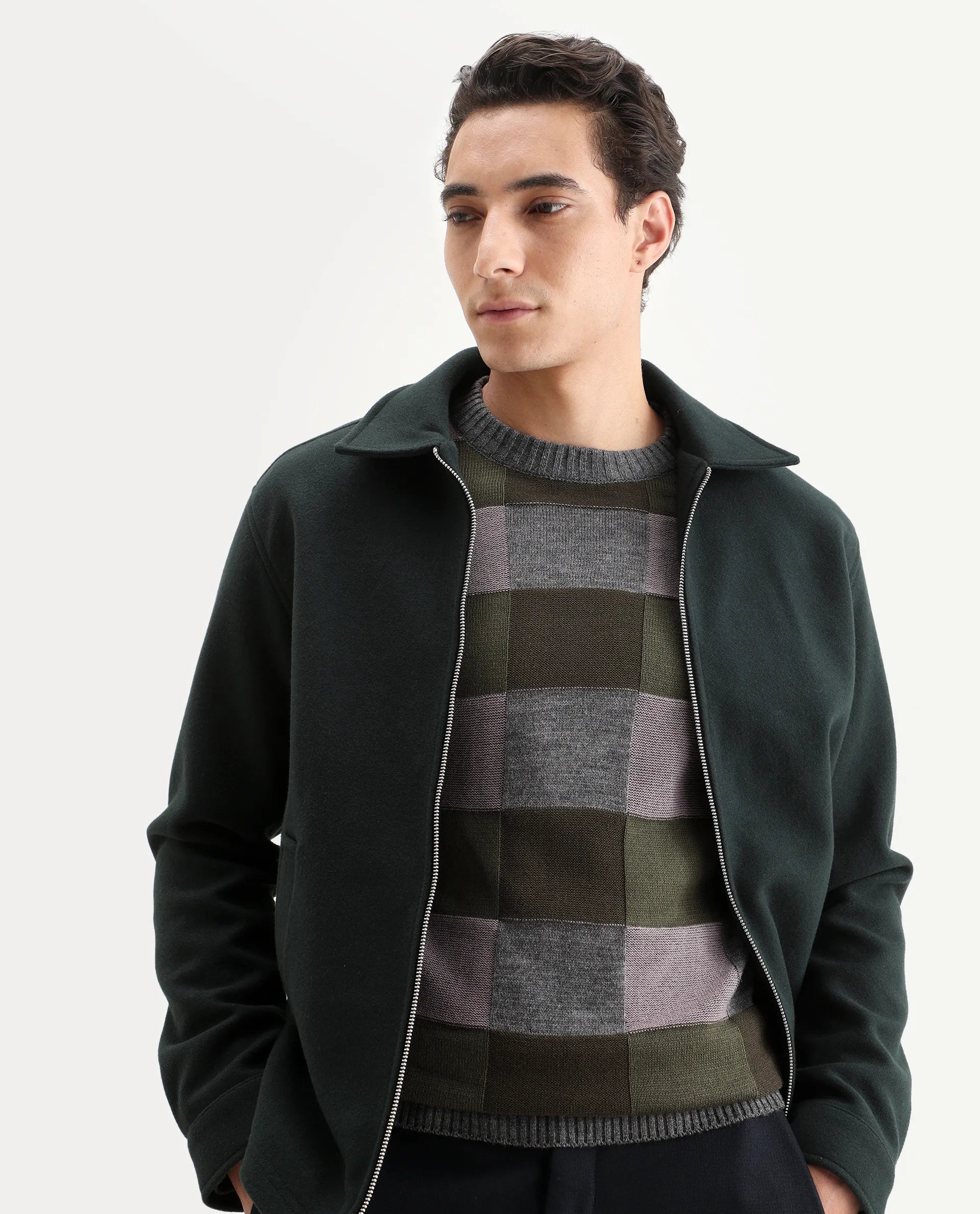Rare Rabbit Men's Boaz Olive Acrylic Jacquard Regular Fit Full Sleeve Crew Neck Sweater