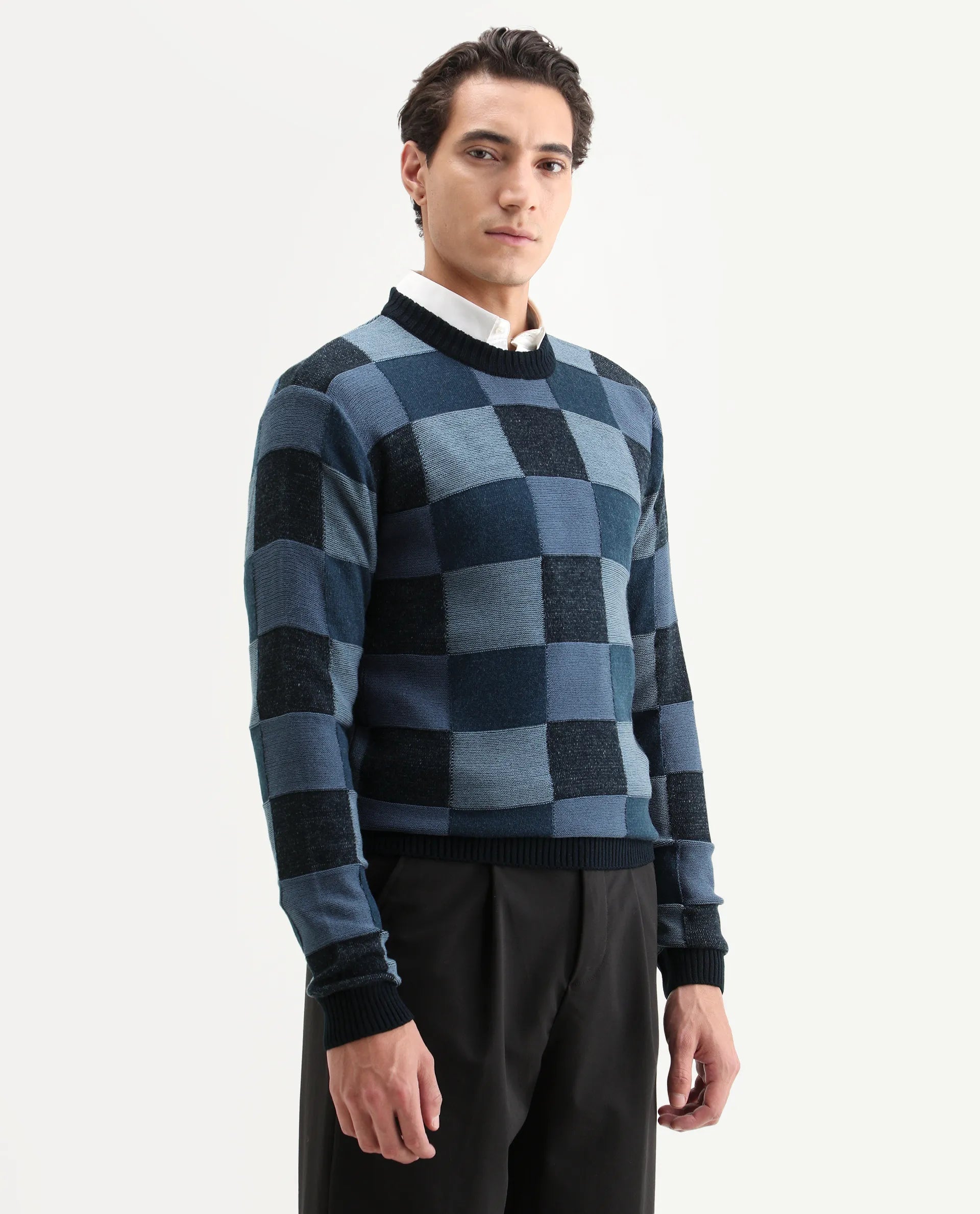 Rare Rabbit Men's Boaz Blue Acrylic Jacquard Regular Fit Full Sleeve Crew Neck Sweater