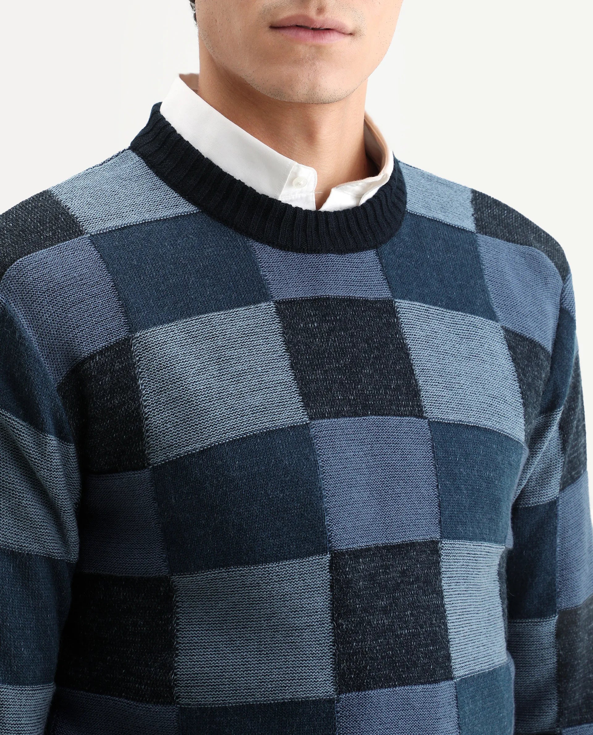 Rare Rabbit Men's Boaz Blue Acrylic Jacquard Regular Fit Full Sleeve Crew Neck Sweater