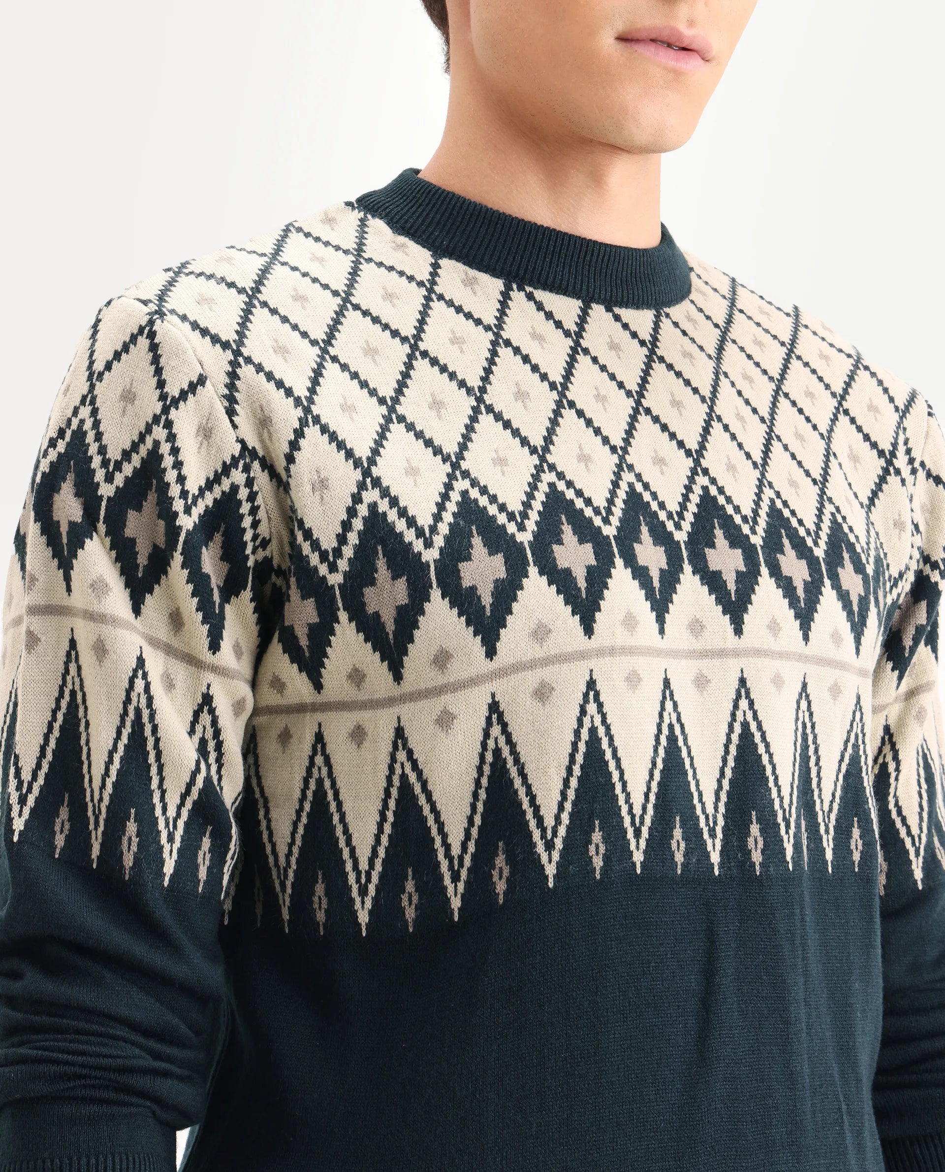 Rare Rabbit Men's Kezeck Navy Cotton Argyle Print Regular Fit Full Sleeve Crew Neck Sweater