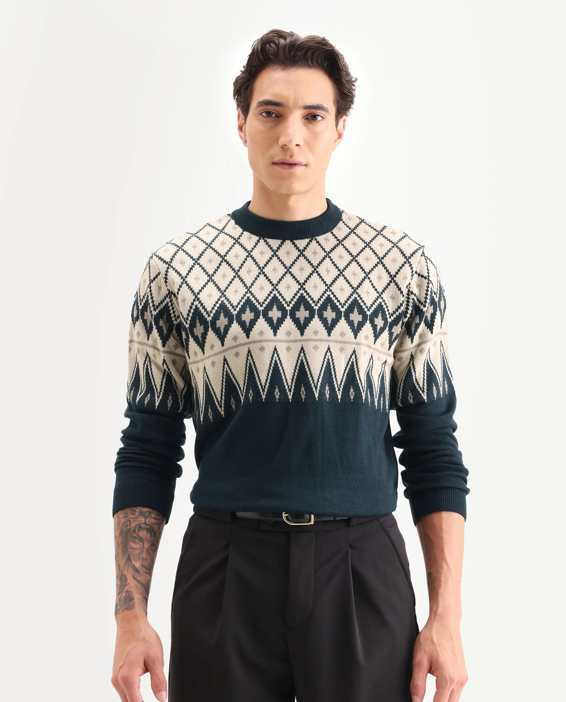 Rare Rabbit Men's Kezeck Navy Cotton Argyle Print Regular Fit Full Sleeve Crew Neck Sweater