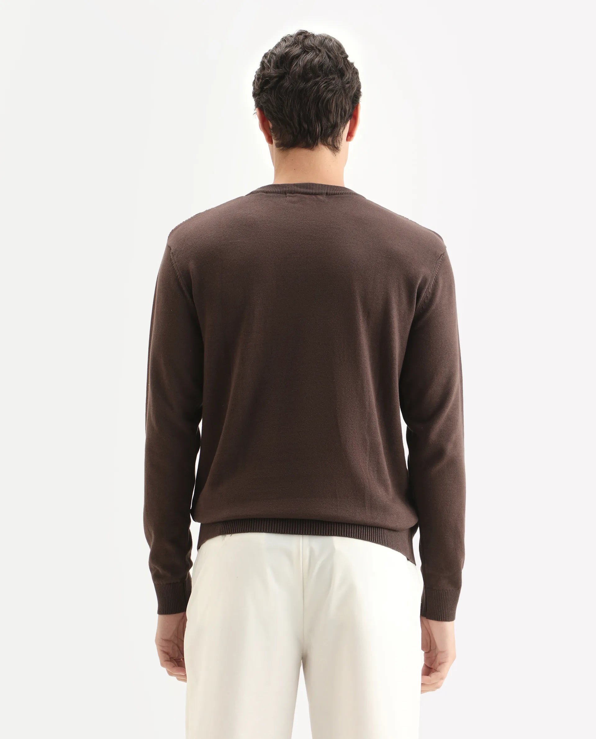 Rare Rabbit Men's Orito Brown Cotton Plain Regular Fit Full Sleeve Crew Neck Sweater