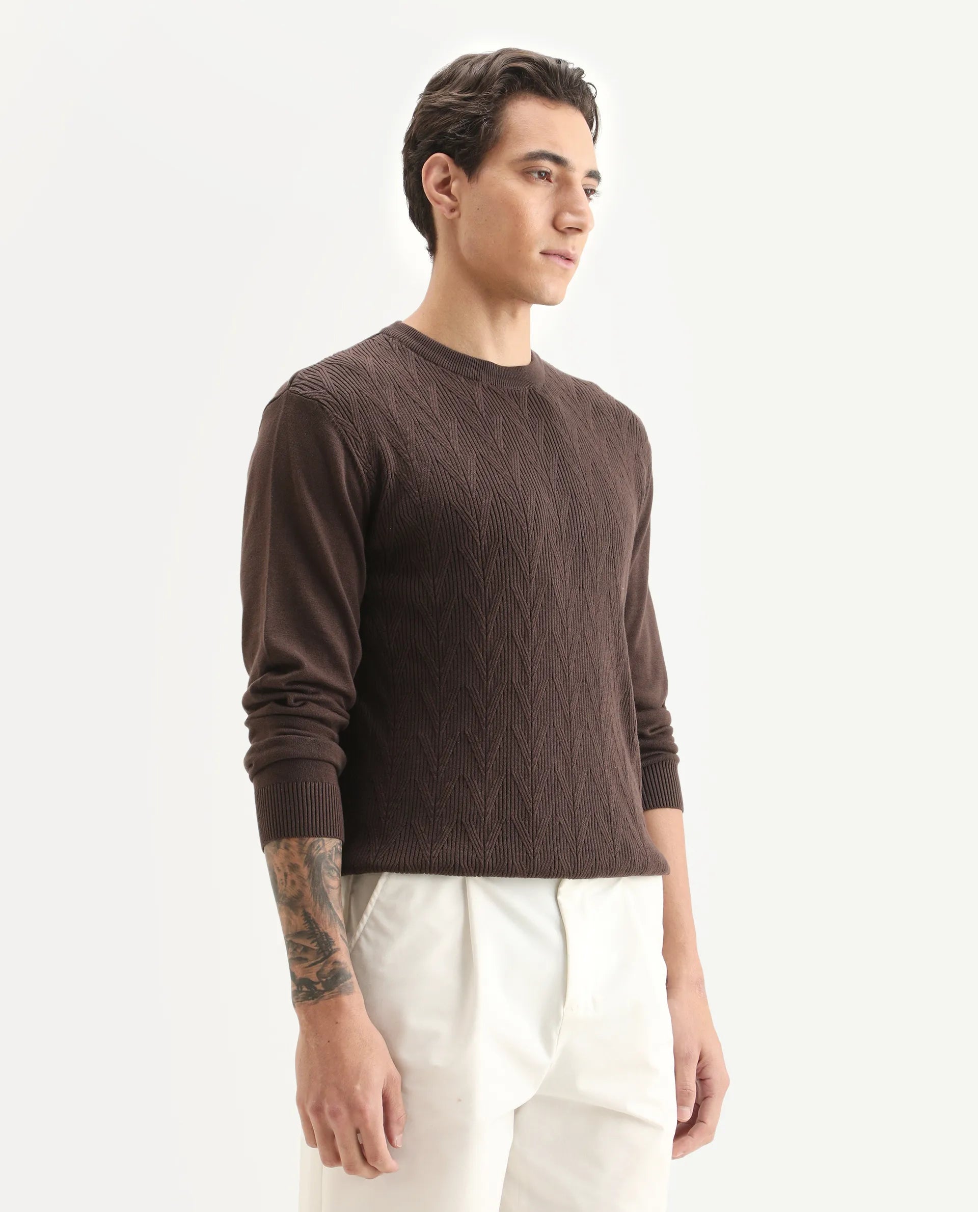 Rare Rabbit Men's Orito Brown Cotton Plain Regular Fit Full Sleeve Crew Neck Sweater
