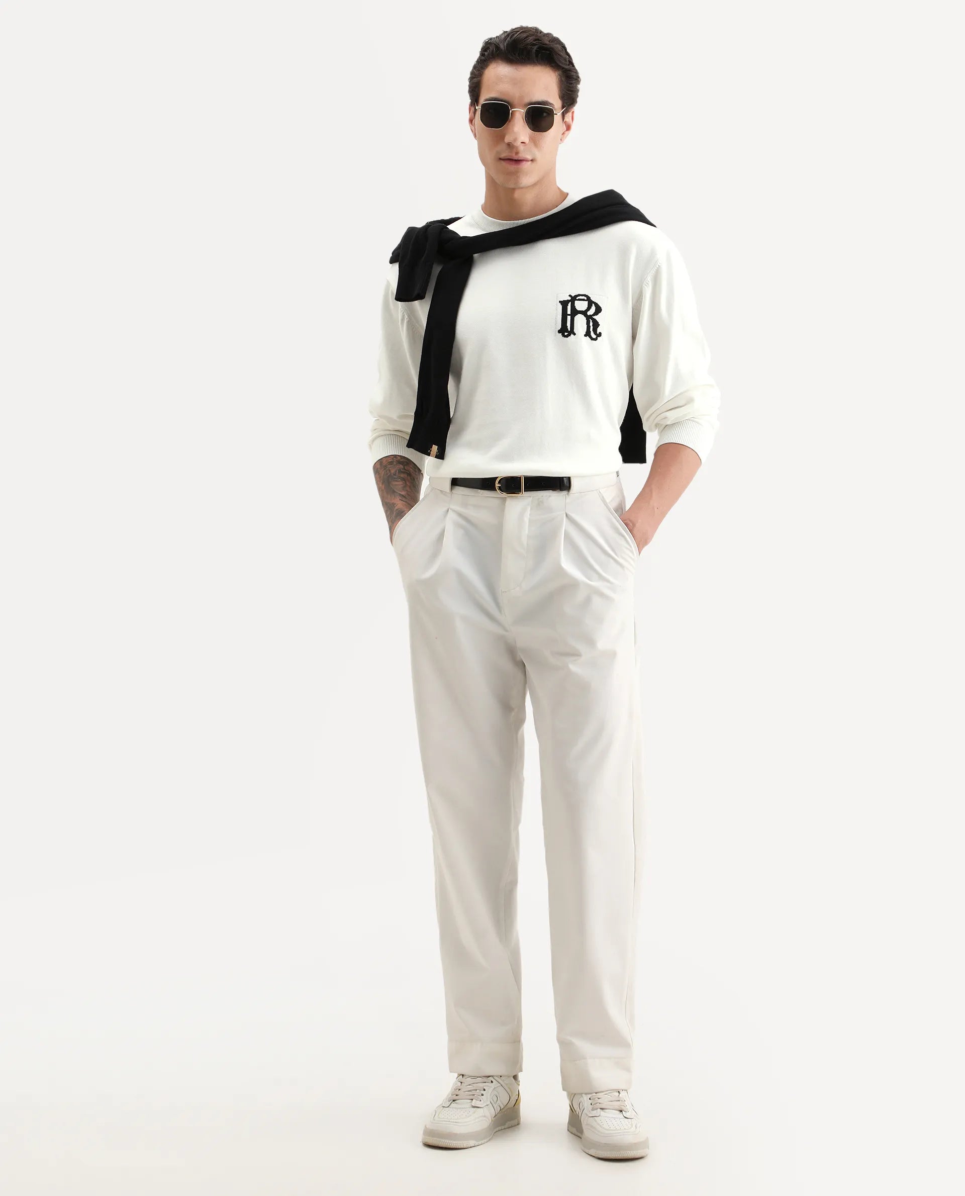 Rare Rabbit Men's Varo Off White Cotton Embroidered Regular Fit Full Sleeve Crew Neck Sweater