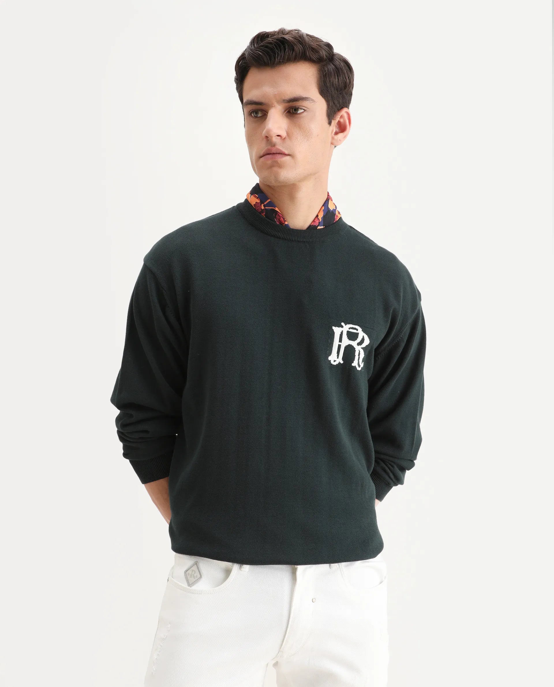 Rare Rabbit Men's Varo Dark Green Cotton Embroidered Regular Fit Full Sleeve Crew Neck Sweater