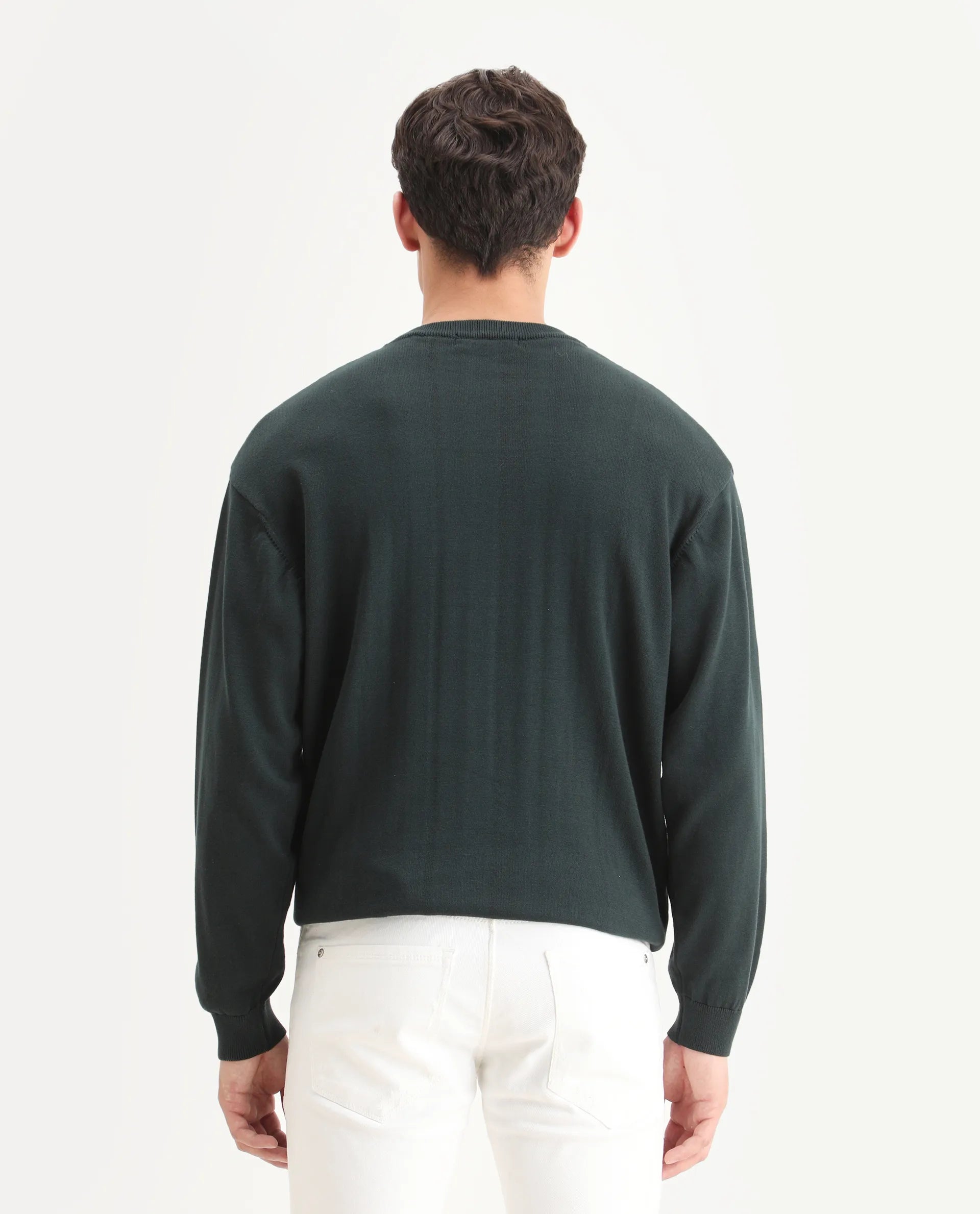 Rare Rabbit Men's Varo Dark Green Cotton Embroidered Regular Fit Full Sleeve Crew Neck Sweater